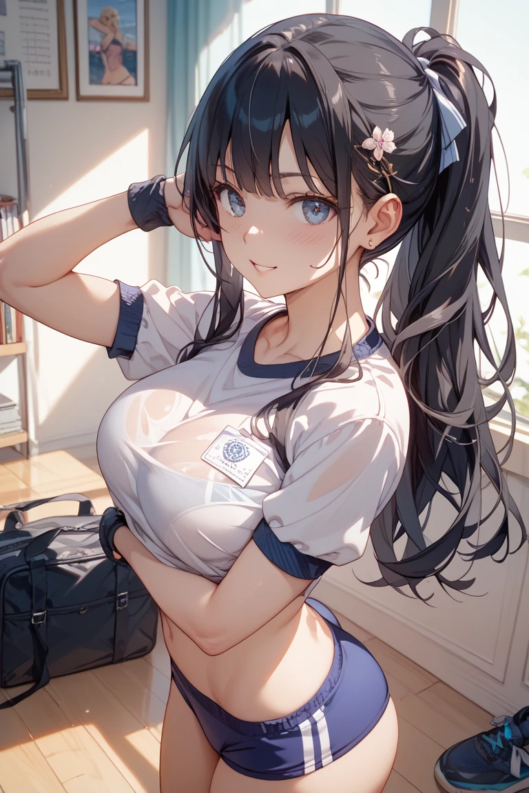 ((best quality)), ((masterpiece)), (detail), perfect face ultra detailed illustration of a female character, a young schoolgirl with big breasts, black hair and blue eyes. The girl had to wear a blue school uniform, but with a modern twist – a stylish crop top instead of a traditional uniform shirt showed off her big breasts, armpits and cleavage, and she had a visible six pack. Set the scene in  gymnasium  gym movement poses. high resolution, ultrasharp, 8K, masterpiece, viewing audience