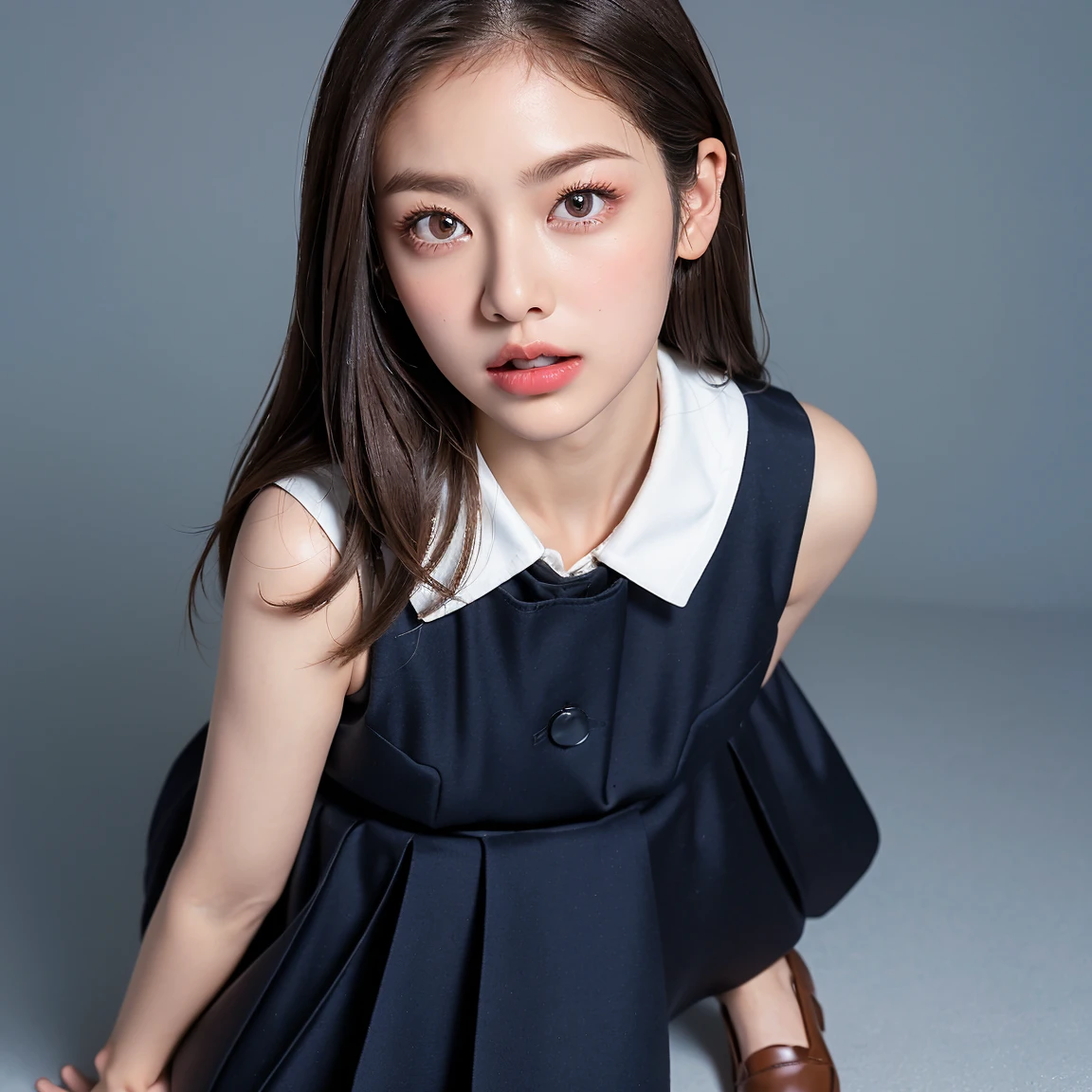1girl, black random formal attire, white background, <lora:MeguriJAV-02:1>