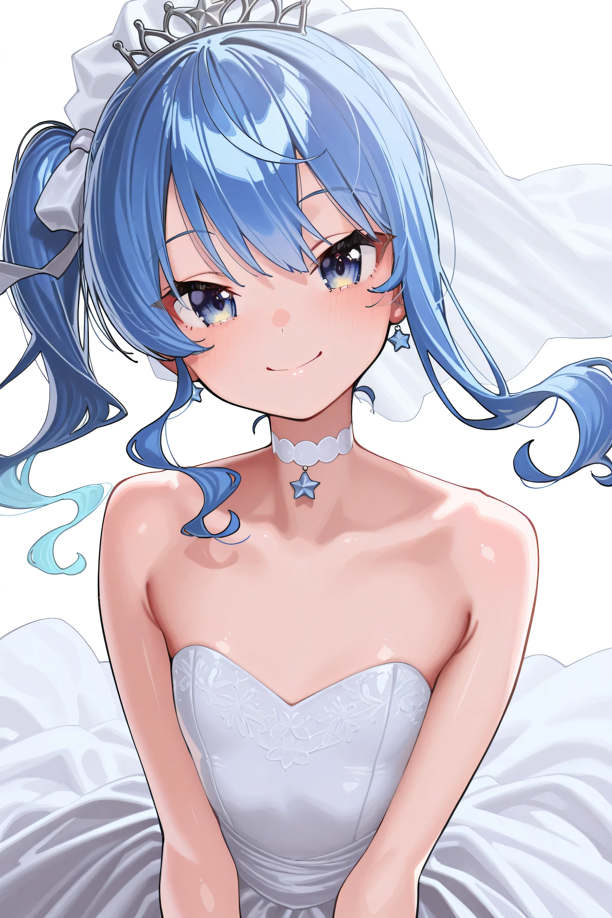 kmj-anonstyle, [artist:yoneyama mai], [artist:kanzarin], [artist: ekrea_jan], masterpiece,best quality,amazing quality, 748cmstyle, solo, eye focus, hololive, hoshimachi suisei, 1girl, bare shoulders, blue eyes, blue hair, choker, closed mouth, dress, flat chest, floating hair, looking at viewer, side ponytail, smile, solo, star (symbol), star in eye, symbol in eye, virtual youtuber, wavy hair, wedding dress, white choker, white dress