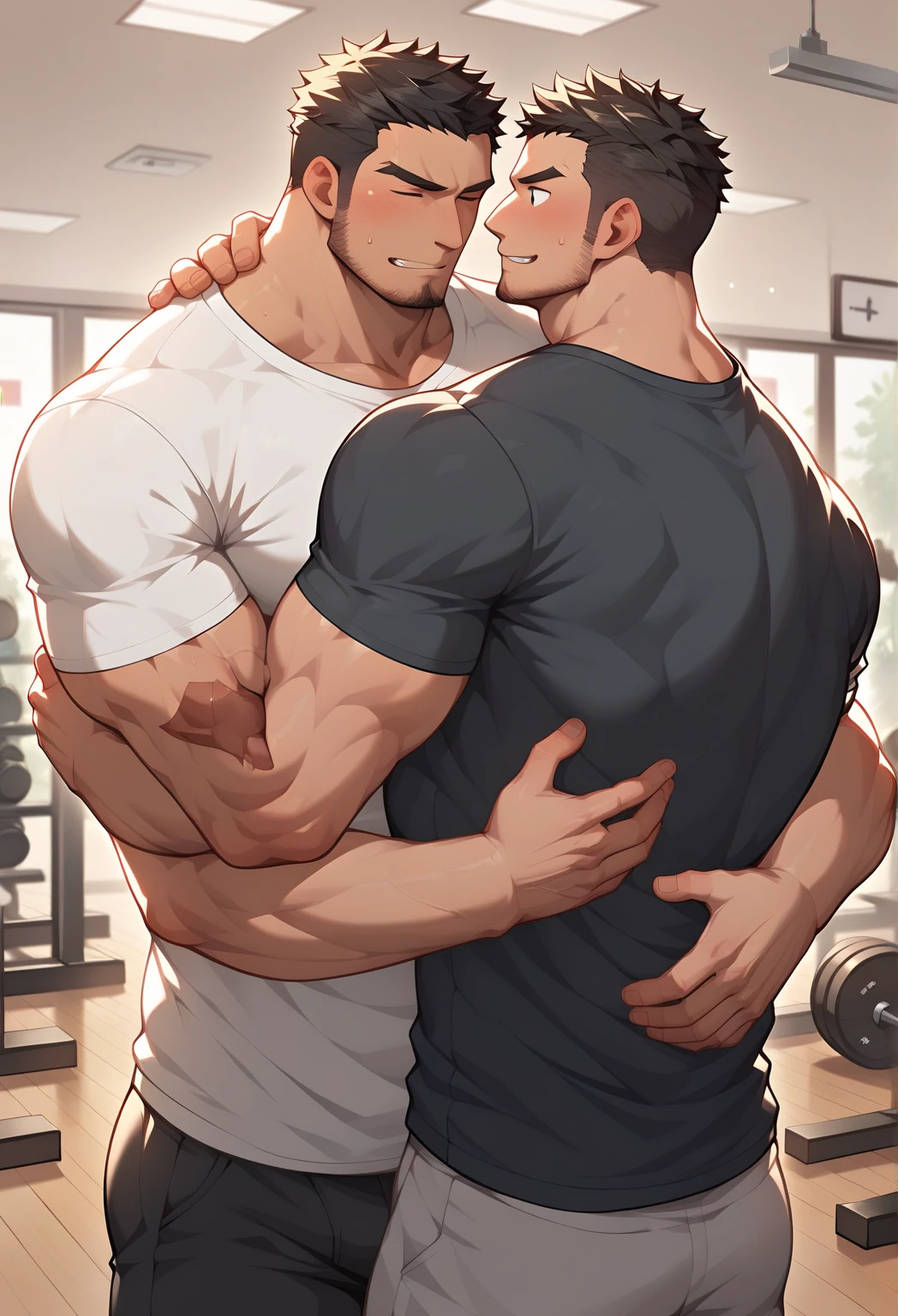 best quality, masterpiece, extremely detailed, extreme close up of muscular man with cute square face, wavy hair with curtain bangs, eyebrow piercing, gently kissing the tip another man's erect penis, sexy, gay homoerotic, dark cinematic lighting, extremely dramatic shadows, romantic atmosphere, perfection, no watermark, no logo, no signature