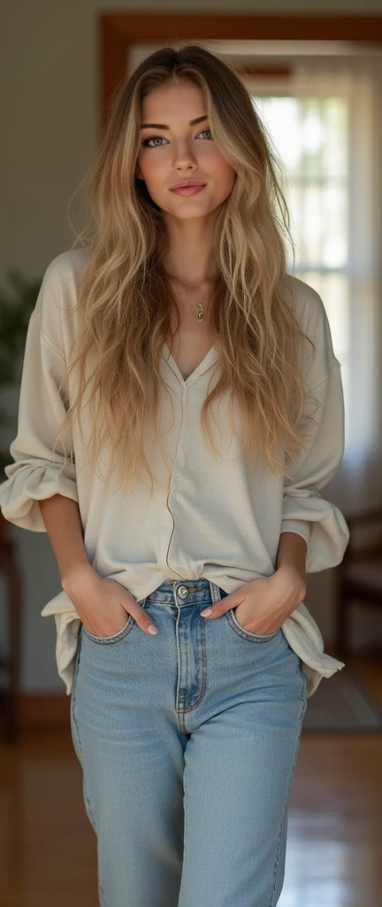 2 blonde woman with loose hair looking straight into the camera in casual clothes