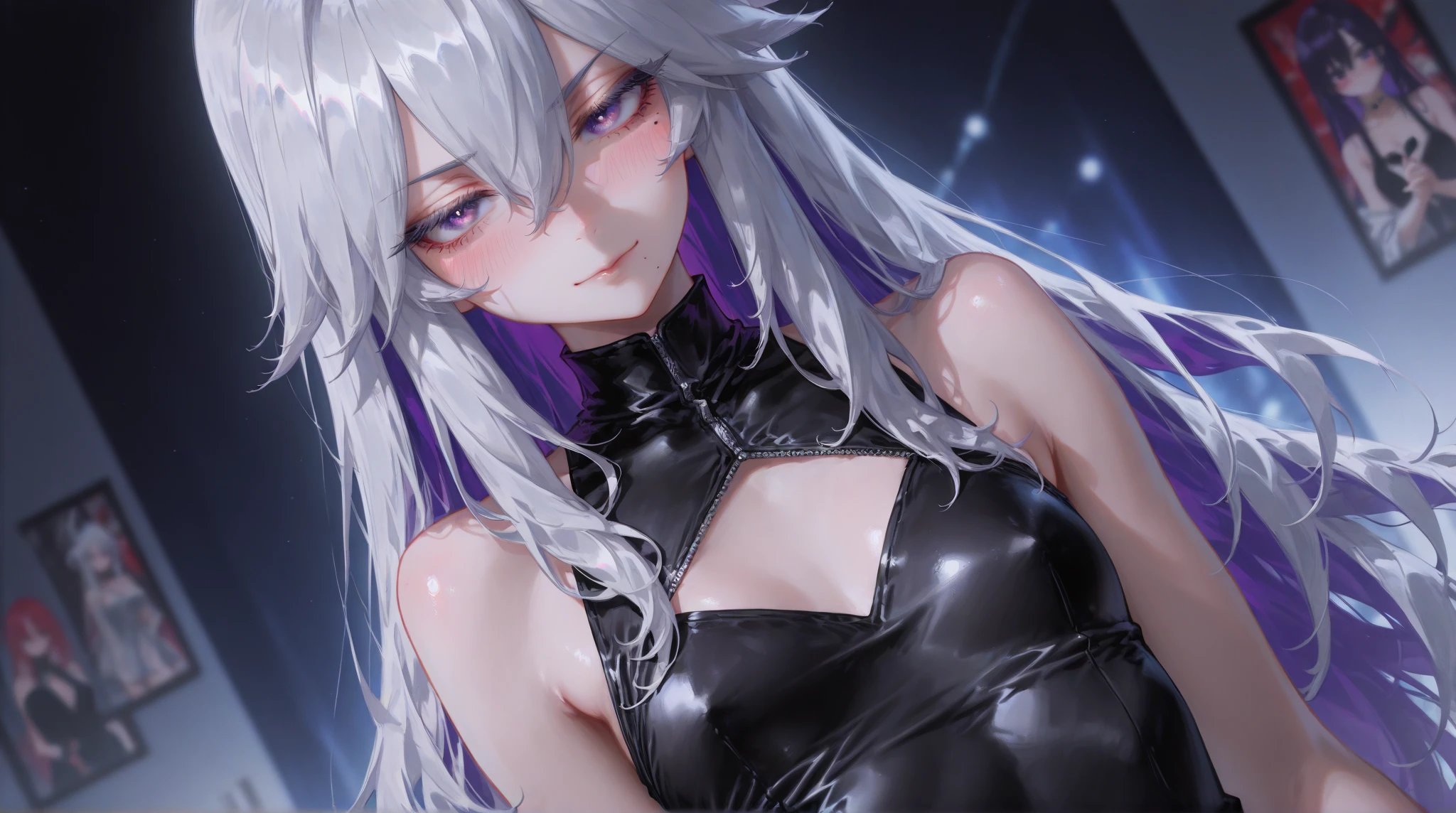 1girl, long hair, white hair, purple eyes, shine eyes, surprised, black jacket, black shirt, 4k, beautiful eyes, hd, high quality, ((small breast)), smile, purple shine,particles around you, shiny particles, bright lights, ((purple lights)), lighting, good lighting