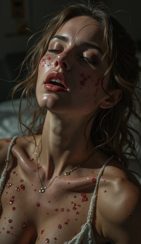 gore, blood throughout the body, dead, eyes closed lying on a metal stretcher, autopsy of a girl , pale grey skin. organs and intestines in view. 8k, Ultra details, high quality image.