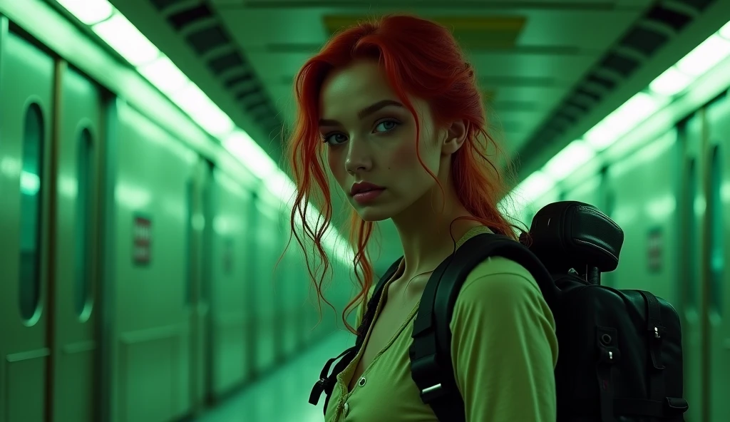 8k movie still in the style of kill Bill, showing a 40 years old red haired woman wearing a dark Burgundy spaghetti straps top