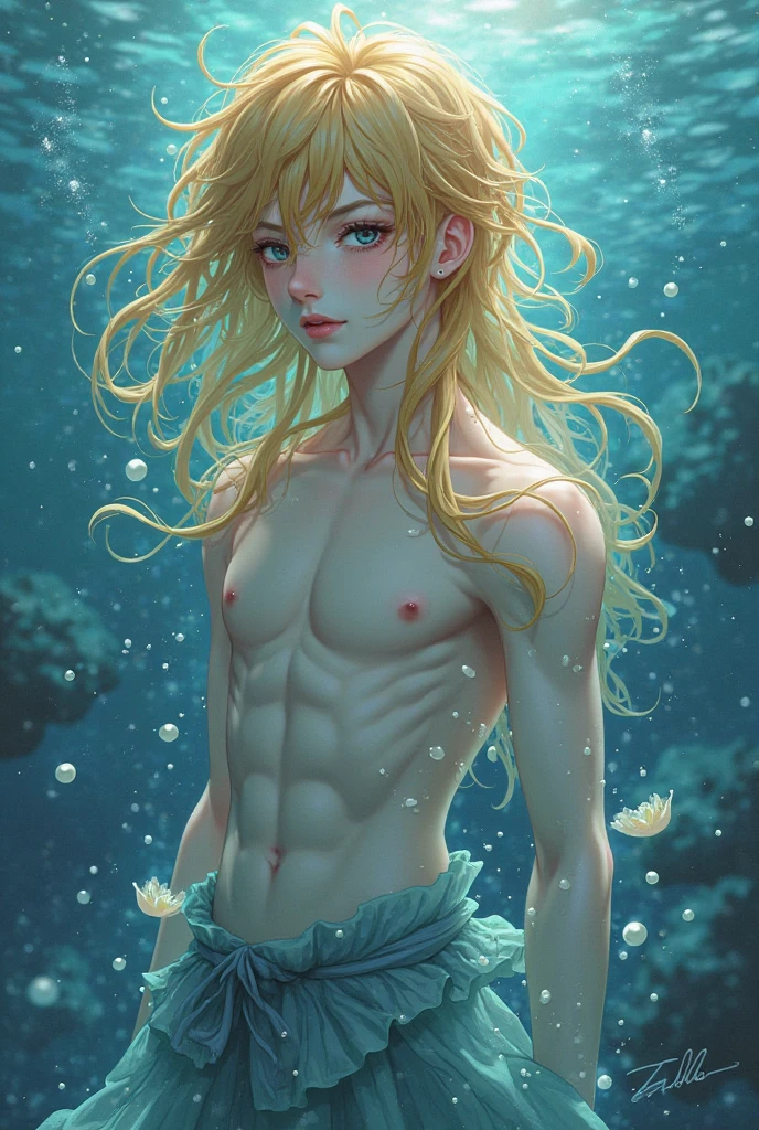 1 person, underwater, skeleton, corpse, under the surface of the sea covered with coral and seaweed, a young man with long blond hair (mermaid) stares at you from a bunch of flowers and sea fish. There was a strange light in his eyes.