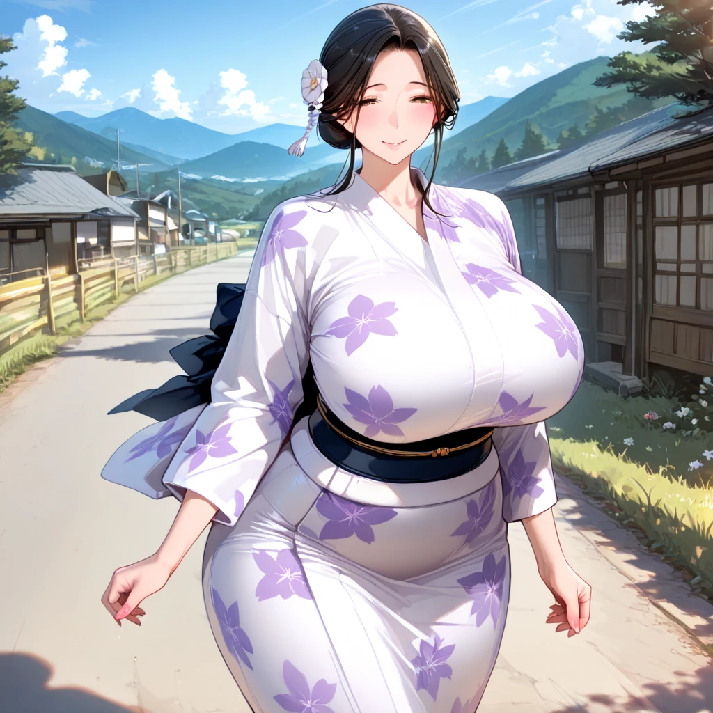 Gorgeous chubby pregnant woman, updo hair, (yukata), tight belt, outdoor Japanese garden, bbw, morbidly obese, round protruding belly, weight gain, (high quality lighting),