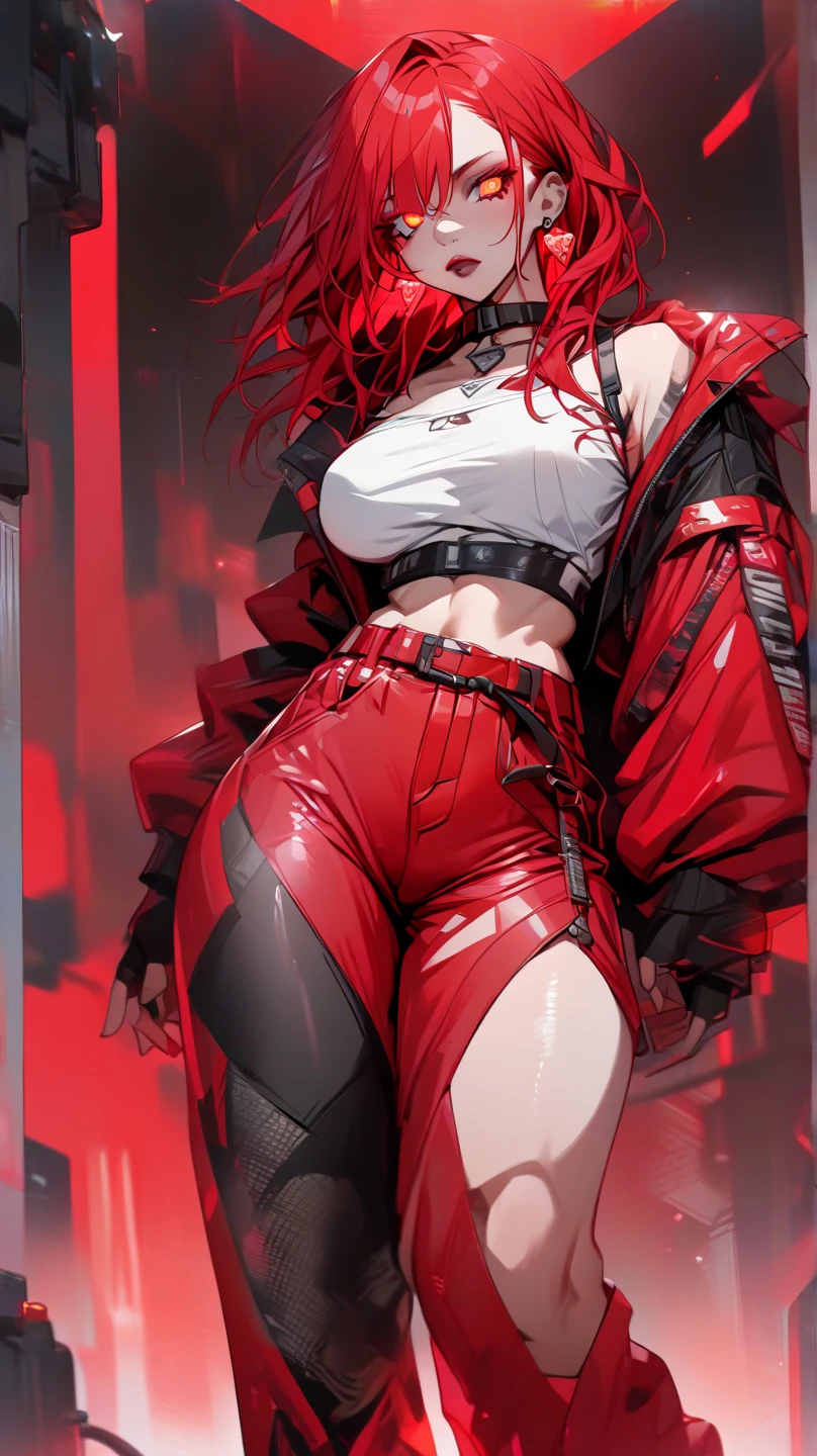 1woman, red hair, red eyes, tall, black yoga pants, black sports bra, standing on ground, high res, ultra sharp, 8K, masterpiece