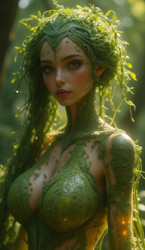 masterpiece, best quality, 1girl, (finely detailed beautiful eyes and detailed face), cinematic lighting, upper body shot, long hair, green hair, colored eyelashes, brown eyes, small breasts, fully clothed dress, thick long dress, outdoor, flowers, succulent plant, (Colorful:1.3), naughty face,