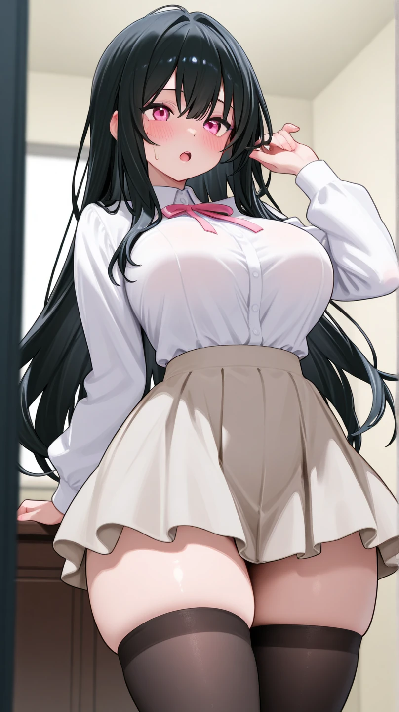 My name is Yukiko.I am a white test woman with long black hair,pink eye color.I am 1.62 cm tall and weigh 47 kg. My breasts measure 260 cm, my waist 40 cm and my hips 200 cm. Dressed in a tight, low-cut pink blouse along with short black shorts  . With breasts 260 cm