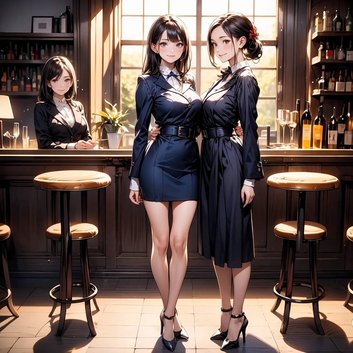 cinematic lighting、highly detailed skin,1 girl, highest quality,(bright、Atmosphere of a friendly girls' night out:1.3),(2 pretty women、Detailed beautiful facial features、blue eyes:1.2)(One person has shoulder-length black hair.、Different division、embarrassed expression)Glasses、break.(One person has medium red bob hair.、smile:1.3)BREAK.Chinese-style knit made of winter material with a large size and loose neckline..、I can see a little cleavage、Suit-like black wide pants、necklace(Wooden table)(sit on a chair、ビール🍺が2つある:1.3)midnight、Drink at a stylish bar、They both turn towards me、(Photographed at portrait distance:1.4)