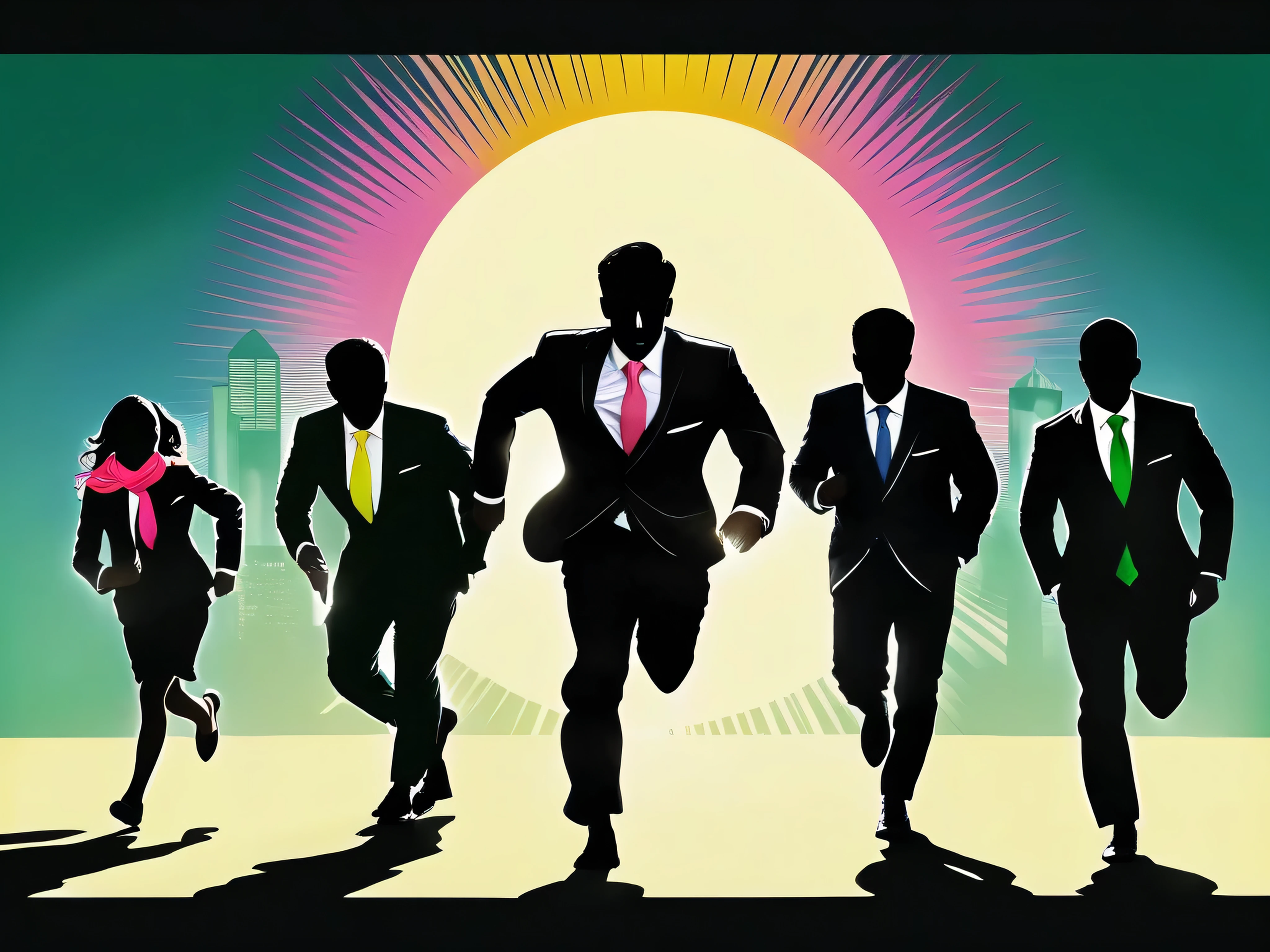 A man in a suit with a red tie, a man in a suit with a blue tie, a man in a suit with a yellow tie, a man in a suit with a green tie, and a woman in a suit with a pink scarf are running。Men in total4people、女性1people。Everyone、I'm wearing a black recruitment suit。Make a silhouette without drawing a face。Let the background be the sun。Do not change the color。