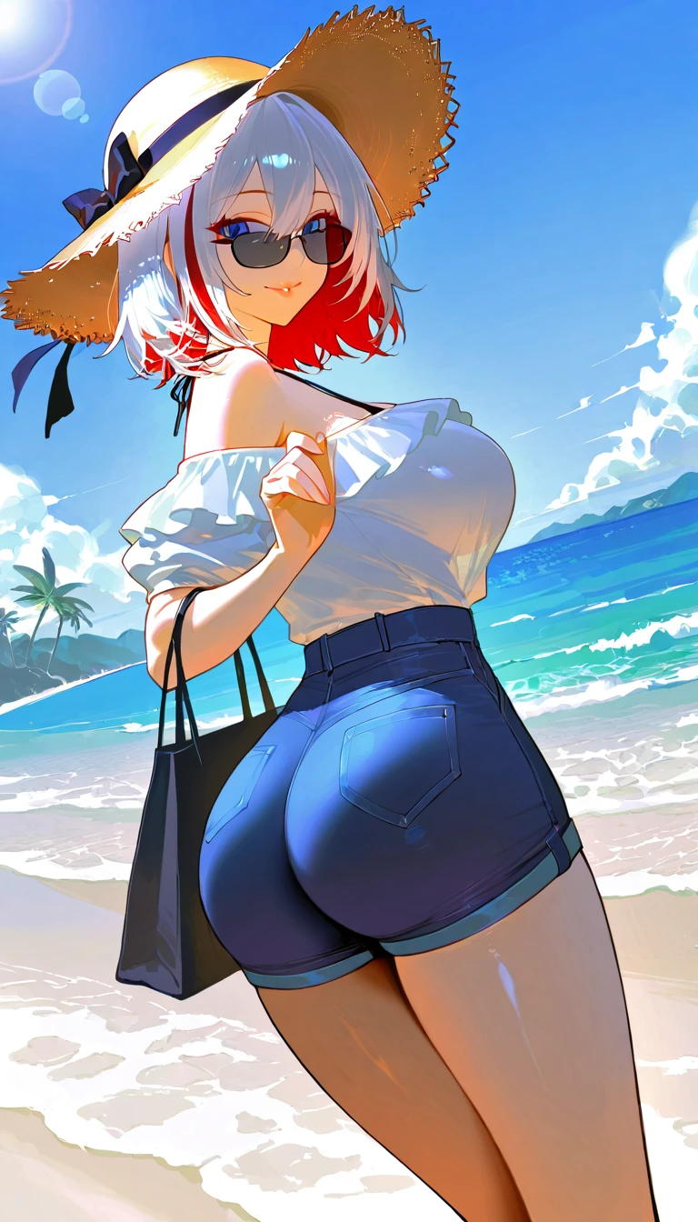 from behind, sharp focus, sexy 18yo white girl, wearing White bikini top, thin waist, wide hips, beautiful face, big tits, <lora:Best_Jean_Shorts_v4.12:.79> wearing cutoff jean shorts, sitting on a beach towel, pussy lips, squatting, , <lora:InniePussy1 v4:.6>, <lora:colorify:.5>, <lora:zoom_slider_v1:-5>, sharp line drawing