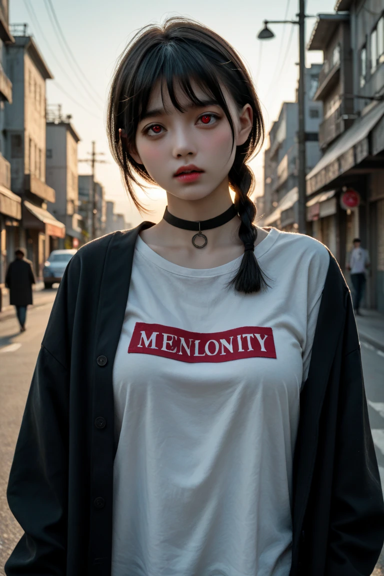 solo , 1girl , white shirt rock punk styes , mid breast , black jeans rock punk styes