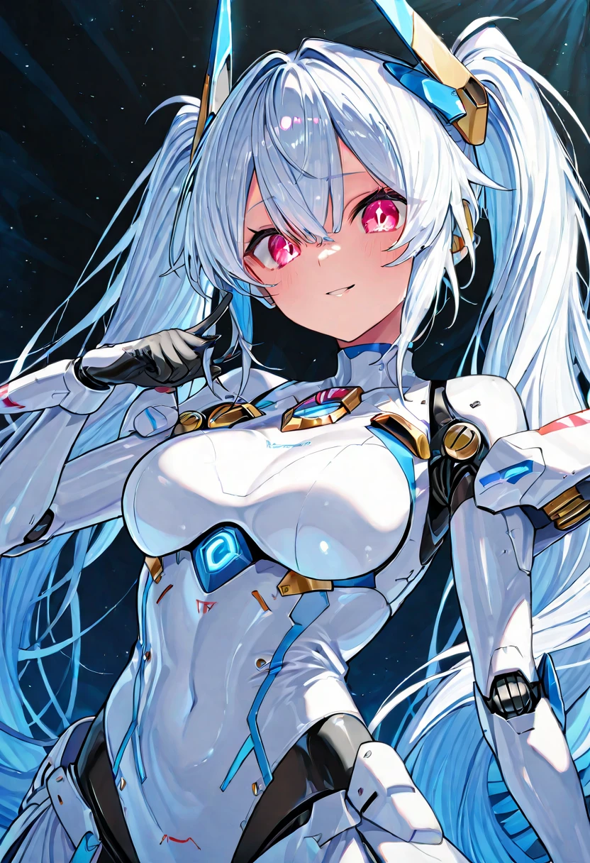 1 girl、8k、Sharp focus、(Bokeh) (Highest quality) (Detailed skin:1.3) (Intricate details) (anime)、Long silver hair、Half Up、blue eyes、White and blue pilot suit、smile、From the side、Upper body close-up