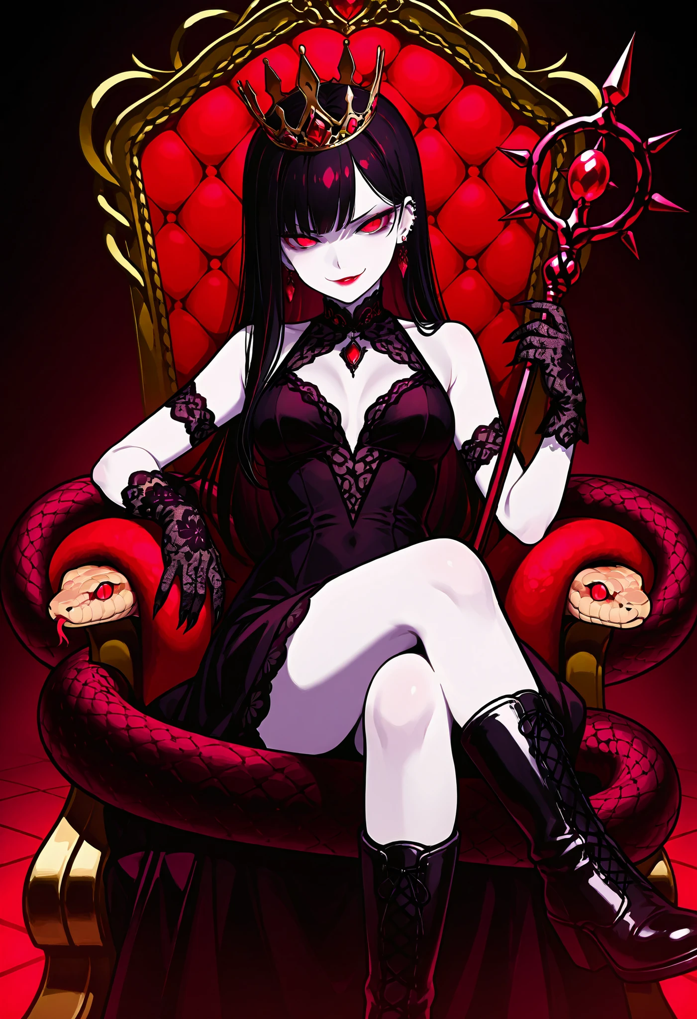 Snake Queen. Black hair. Straight hair. Pale skin. Piercing eyes. Condescending look. Smirk. Red eyes. Lace gloves. Sharp claws. Lipstick lips. Crown. Red and black dress. Thorn decoration. Jeweled staff. Black boots. Sitting. Rose throne. Multiple snake heads. Coiled snakes. Reality snake.