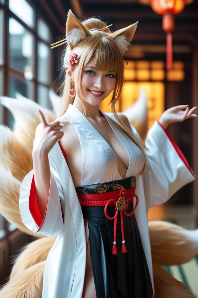 (((Super Obese))), (((Nine Tails))), Dynamic, 1. "At a cosplay event, a buxom woman cosplaying as a nine-tailed fox wears a long silver wig, large gold contact lenses, and an ornately embroidered kimono. A handmade set of nine tails glitters behind her, and a shrine with blossoming cherry trees spreads out around her. ((Shows armpits)), ((Squats with legs apart)), With her arms raised above her head, she looks down in a squat with her legs apart, captivating the audience. Many photographers are trying to capture her stunning cosplay."