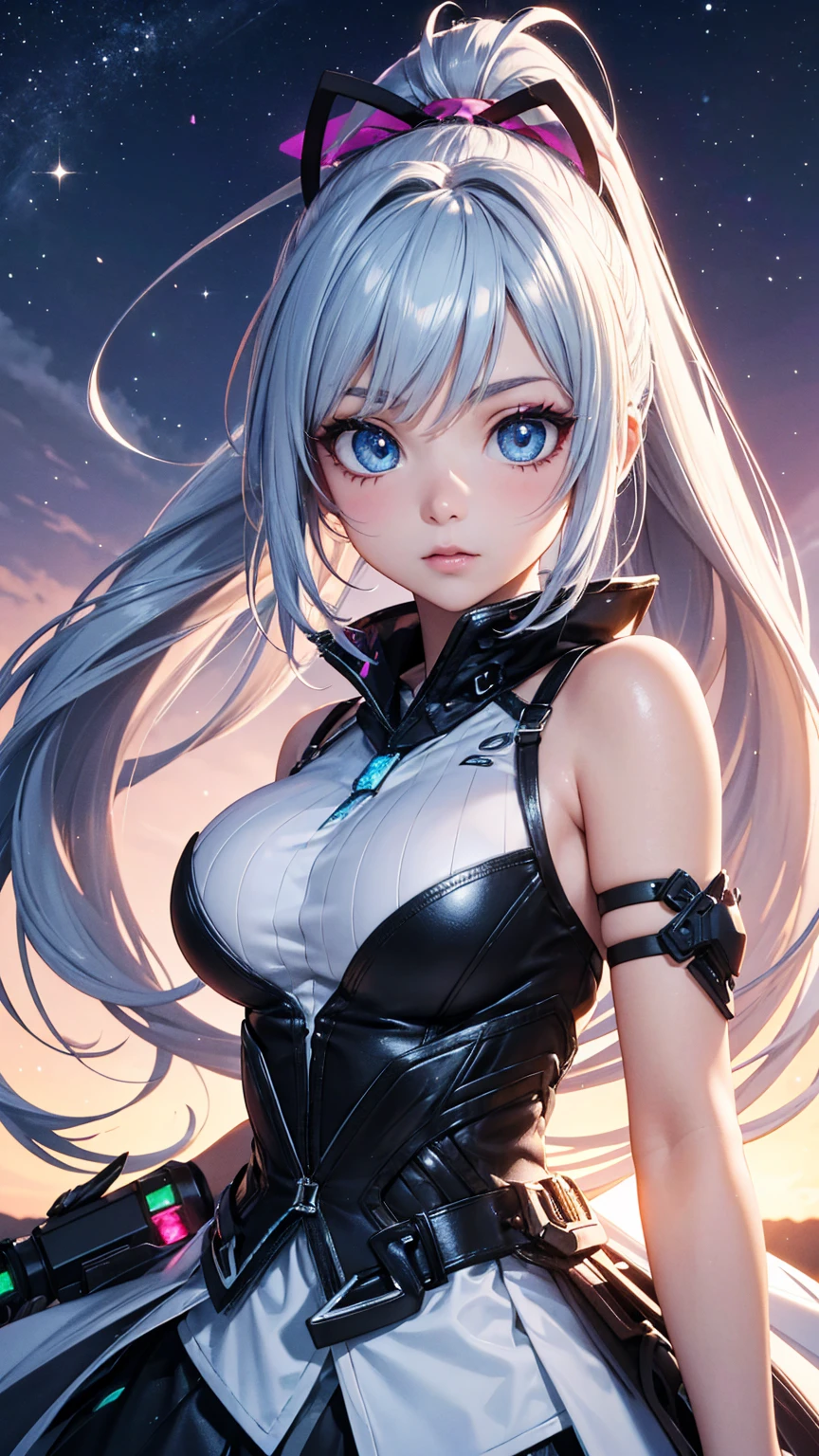 highest quality、8K masterpiece、超A high resolution、(Photoreal:1.3)、Raw photo、1 girl、silvery hair、glowing skin、1 Cyberpunk Super Beautiful Soldier、((Ultra realistic details))、Portrait、global illumination、Shadow、octane rendering、8K、super sharp、beautiful breasts、Raw skin exposed in cleavage、Metal、cold color、、very intricate details、realistic light、CG Society Trends、beautiful eyes、shining eyes、towards the camera、neon details、