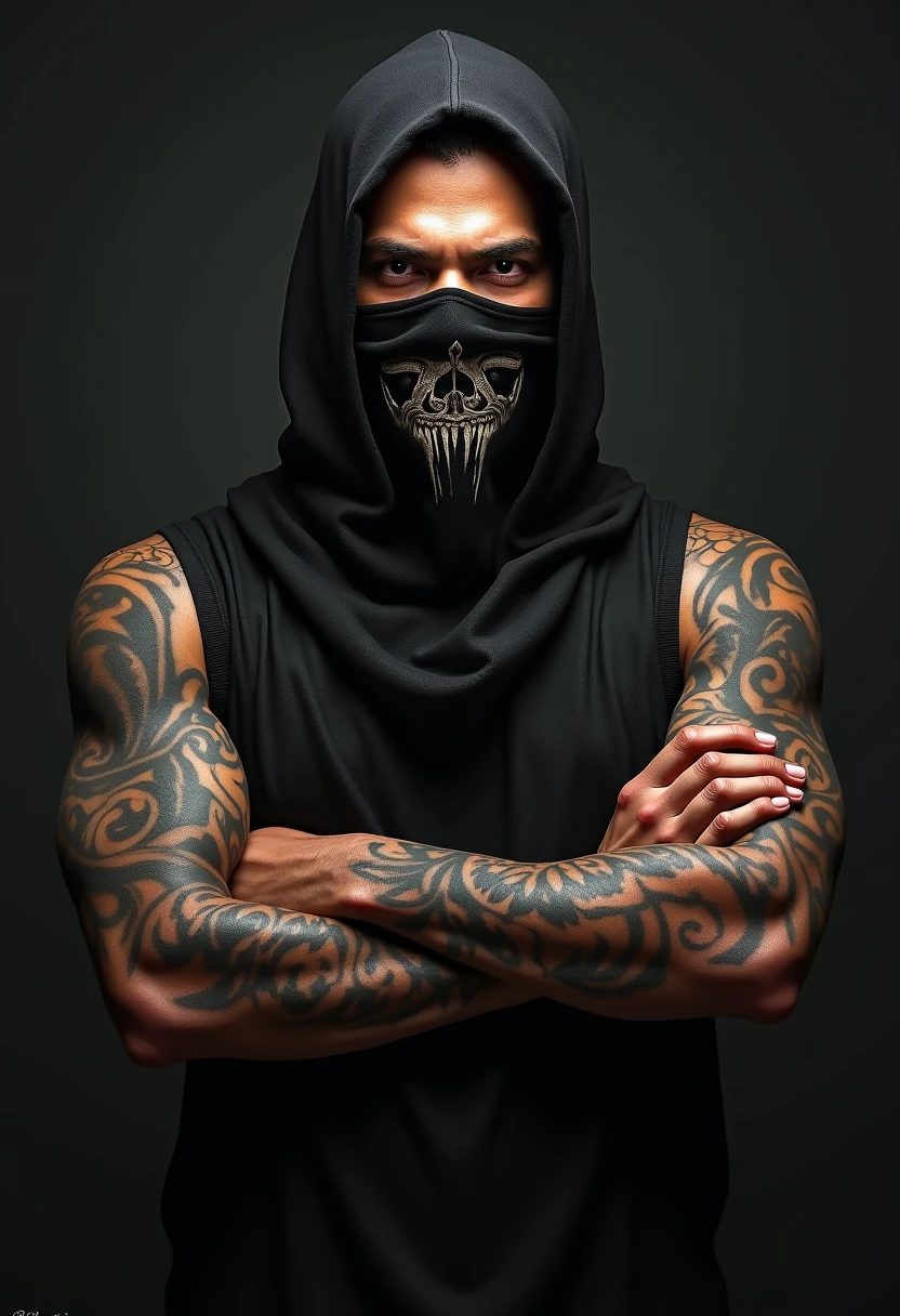 Tattooed white man with tattoo on his arms and chest, muscular black hair in a social cut blue eyes, wearing a black skull mask. He is wearing jeans with a bare chest