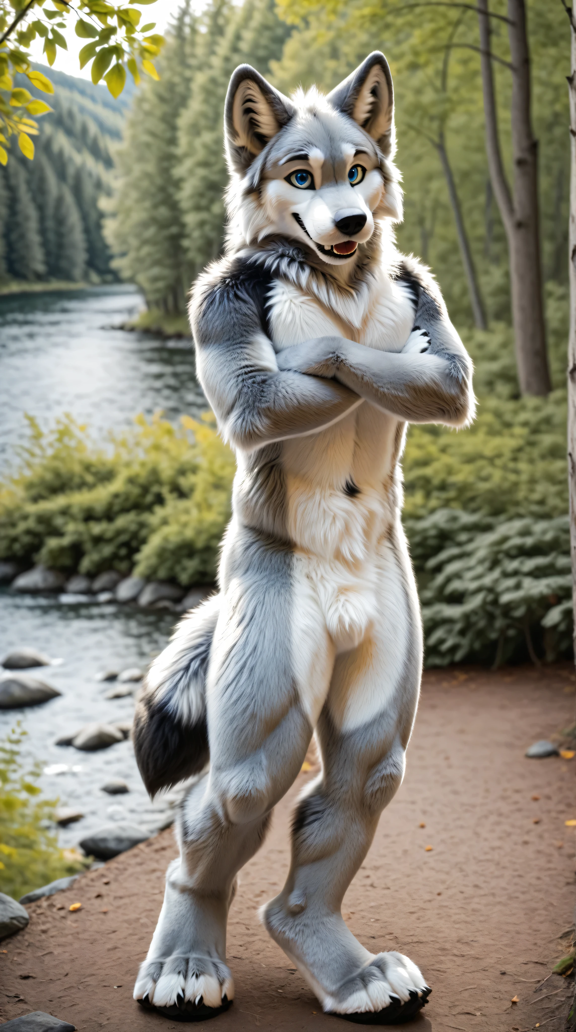 full body, fursuit, male, grey, grey limbs wolf, blue eyes, nature background