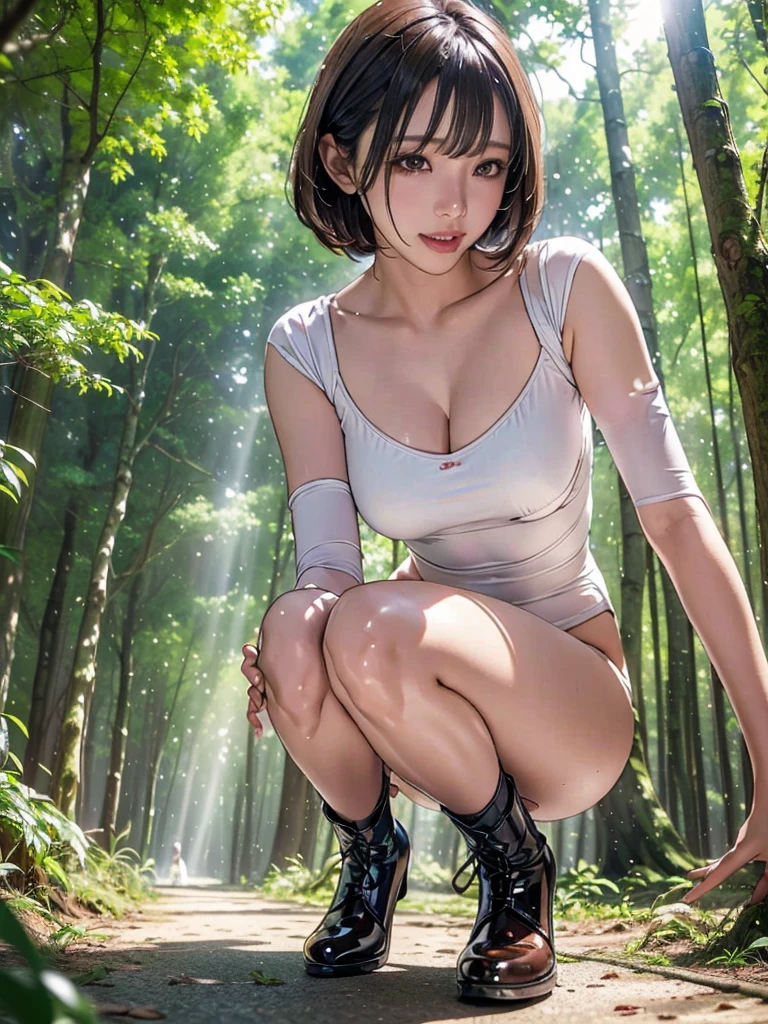 (masterpiece,highest quality,High resolution,Realistic,photograph:1.2),(One high school girl:1.2), (((Black tank top), Camouflage pattern cargo pants),(Black combat boots)),(Smiling with some teeth showing and eyes narrowed:1.3),(Bobcut,Brown Hair,Natural Makeup, Eyelash extensions, Make your eyelashes thinner and longer:1.3),(Cowboy Shot:1.3),(16 year old Japanese girl:1.2),(clothing that fits:1.2),(Dense forest:1.3), (The subject is viewed from below:1.2), (Random sexy poses, Leg spread, Squatting and tiptoe:1.3)