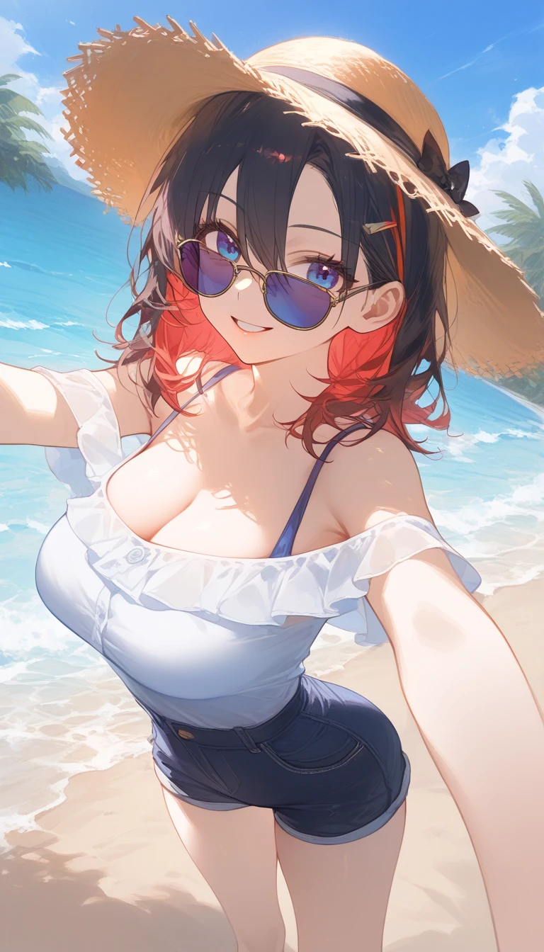 Anime illustration、highest quality、Short high school girl、Sporty tube top、hot pants、bikini、amusement park、Universal Studios、Perfect proportions、overwhelmingly big breasts、Thick legs、Beautiful, shining eyes、Blushed、smile、Cowboy Shot