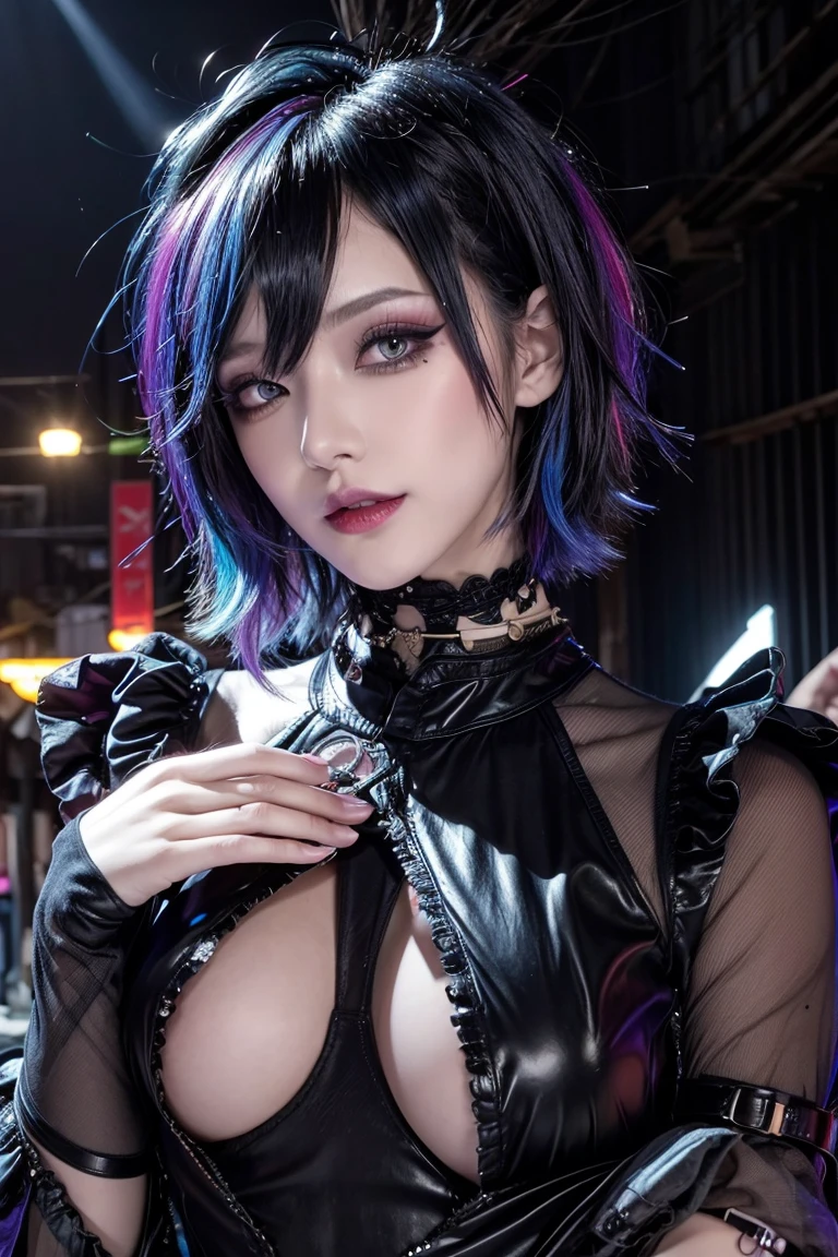 (masterpiece:1.4), (best quality:1.4), ultra high res, ultra high resolution, ((ultra detailed facial features)), HDR, (realistic, photorealistic, photo-realistic:1.37), (1 man), full body Esbian, ((sexy Japanese male)), (-anime), vivid colors, ((vivid colors multicolor (Visual Kei style spikes very short hair))), (happy smile), ultra detailed punk makeup, bold lipstick, long lashes, defined eyebrows, wearing large Visual Kei jewelery, wearing a Visual Kei cosplay, ((vivid Visual Kei outfit)), (layered clothing), choker, rings, bracelets, piercings, look at the camera, cinematic light, rockstar festival stage background with multicolor lights, sweet and sexy pose