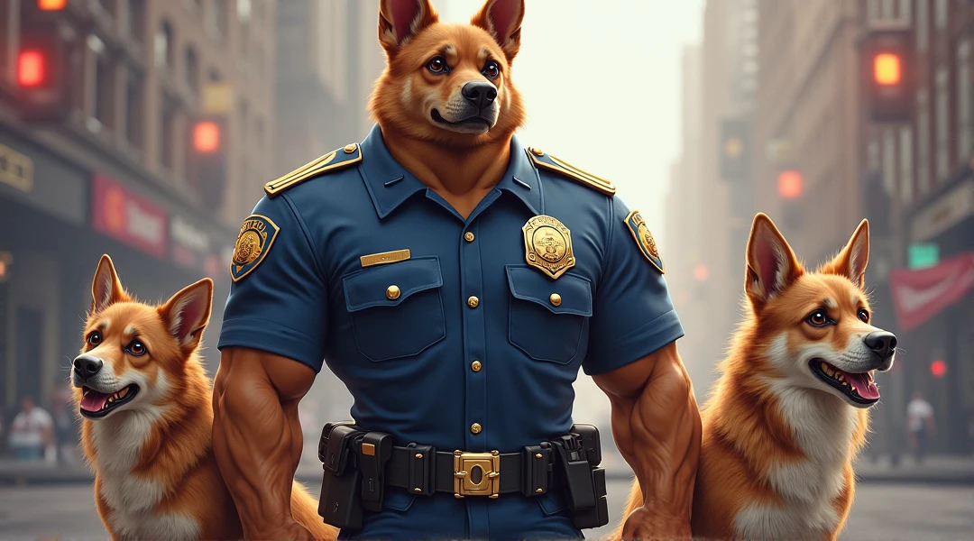 A family of three dogs, a muscular police dog wearing a blue police uniform, with a badge and captain's badge on his shoulder,