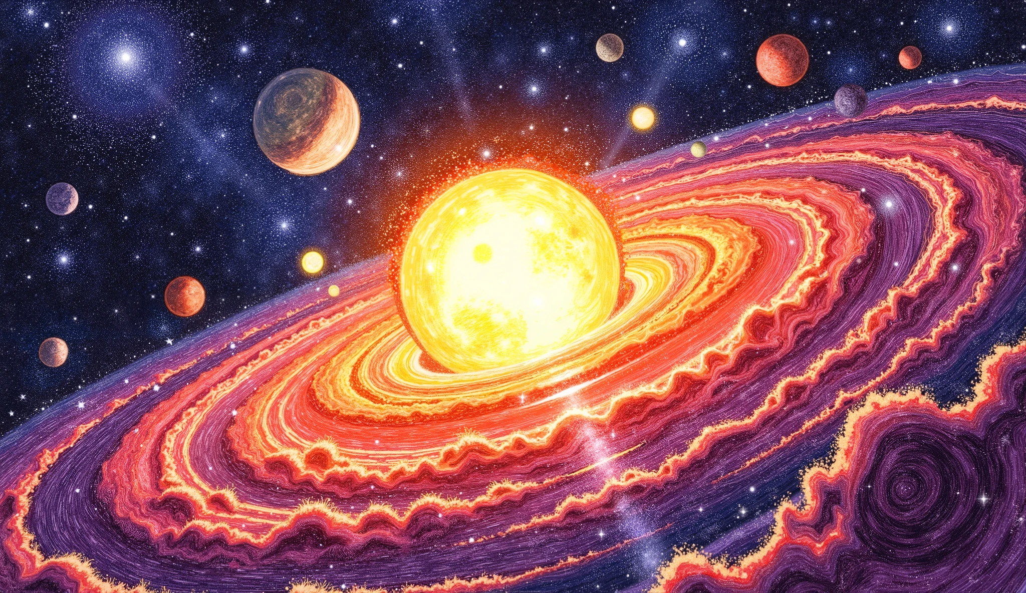 Young sun surrounded by swirling protoplanetary disk, glowing dust and gas forming clumps, planets beginning to form from collisions, soft golden lighting, deep space background with scattered stars, colorful pencil sketch style, bold lines, work of art, best qualityer, 8k, extremely cartoon styling