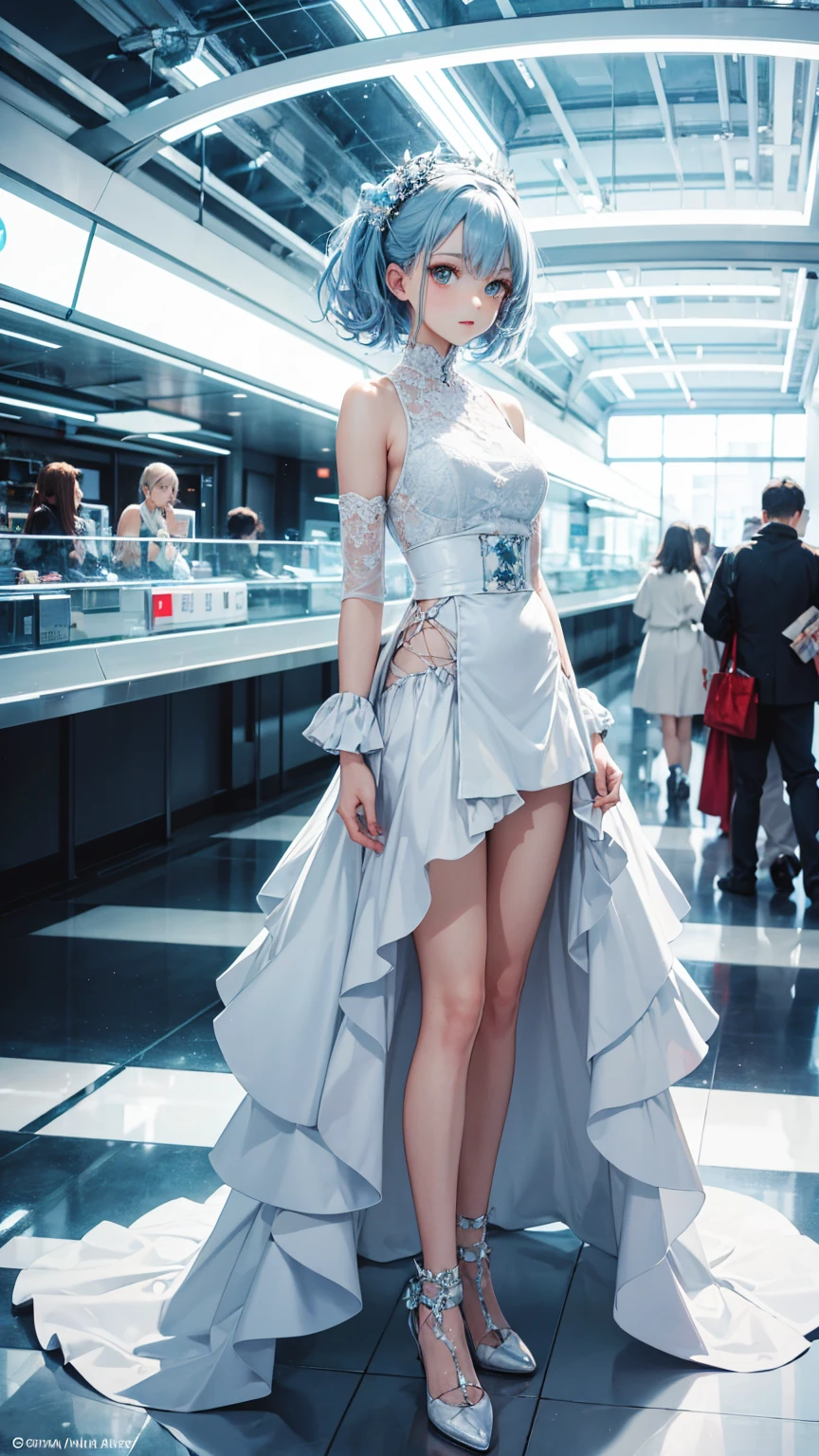 Royal sister,exquisite eyes,Detailed text,tall figure,Leg length,4K,HD,,White translucent lace,Fair and plump figure,pretty face,Little cherry mouth,beautiful and delicious(3D royal sister),Gorgeous dress encrusted with gemstones crystal gold diamonds,wear white