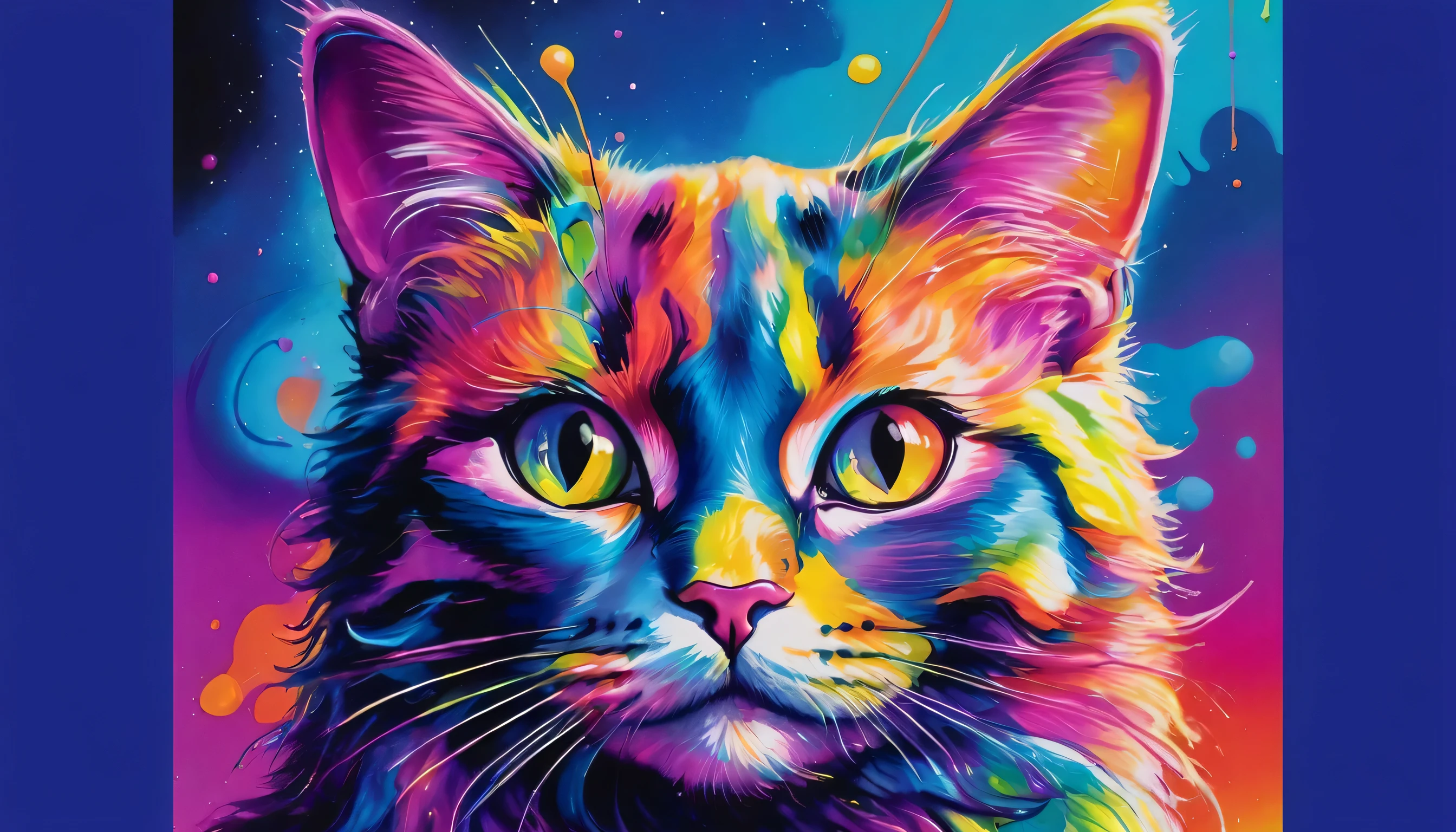 Close up of a cat's face painted in bright colors, Portrait of Lisa Frank , a Cat Painting, Lisa - Frank , Lisa Frankスタイル, Cat Painting, just a joke , Lisa Frank, Lisa Frank's Style , inspired Lisa Frank, Painted with bright watercolors, in a Cat Painting