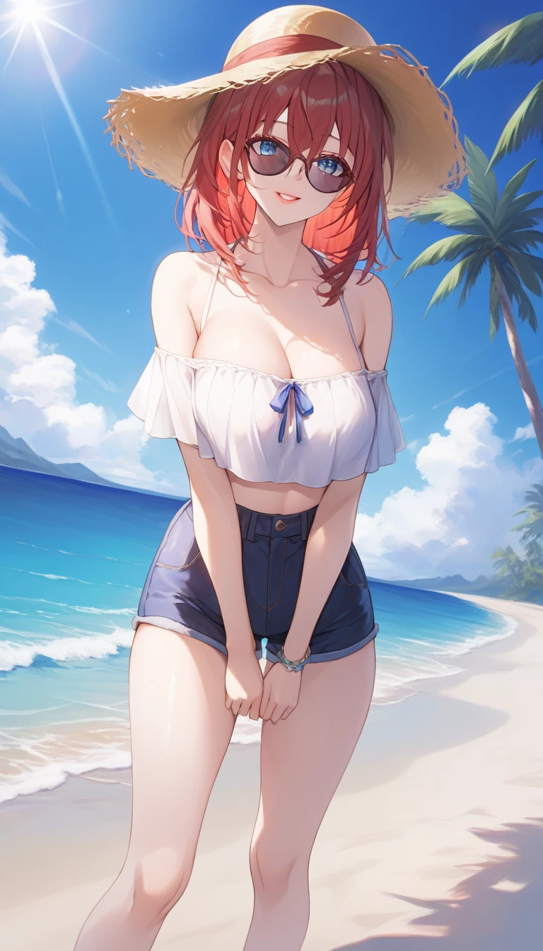 VerydetailedCG,UHD wallpaper, extremy detailed,(((Best Quority))), ((ultra detali)), 1girl huge large breasts, Animal_oren, Black_Hair, Blue_Eyes, Large breasts, cat_oren,(((denim vest,and wear no underwear,Expose the medial breast,Expose navel,Super short skirt:1.5))), the clouds, Cloudy_Sky, crepuscular, nights, Gradient_Sky, horizon, Looking_At_peeping at the viewer, makeups, mediating_breasts, Aqua Eye, woven, Eau, droplets of water, mont, mountainous_horizon, navels, the ocean, Orange_Sky, exteriors, Palm_tree, The purple_Sky, Red_Sky, short_Hair, Sat down, skyward, ssmile, 独奏, suns, sunraise, sun setting, The tree, at twilight, Eau