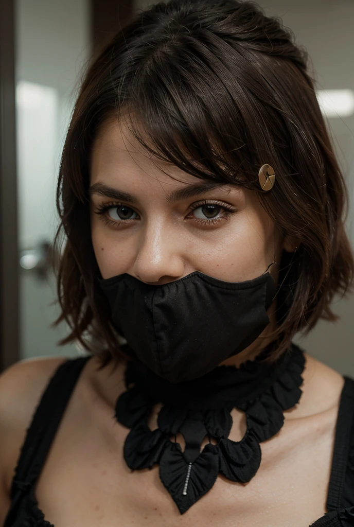 solo, jewelry, realistic, black_hair, ring, 1girl, bound, gagged, tape, improvised_gag, veil, gag, bound_wrists, bracelet, bandages, tape_gag, long_hair, looking_at_viewer, earrings, bondage, black_eyes, tattoo, upper_body, tears