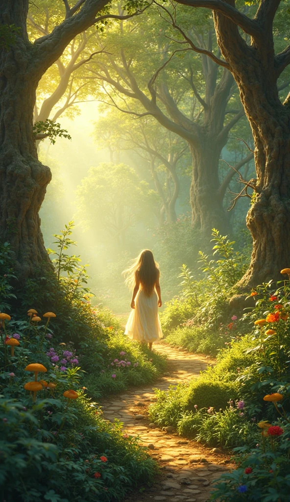 "A magical forest path with warm sunlight streaming through the trees ...