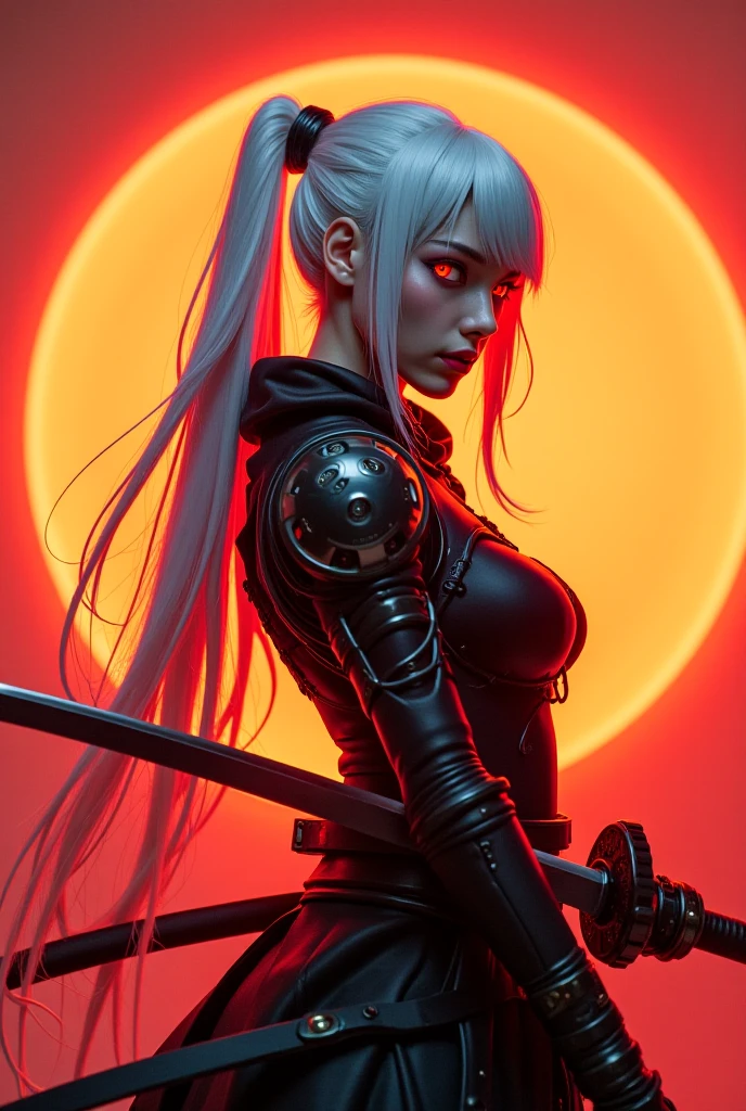 Anime character with white hair and dark red eyes in front of, who wears black armor. Sein Gesicht ist teilweise durch eine Maske verdeckt, die bis zur Nase reicht. Er steht auf einem Schlachtfeld, das von Rauch und Feuer umgeben ist, which creates a dark and intense atmosphere. The character exudes a powerful and mysterious presence.
