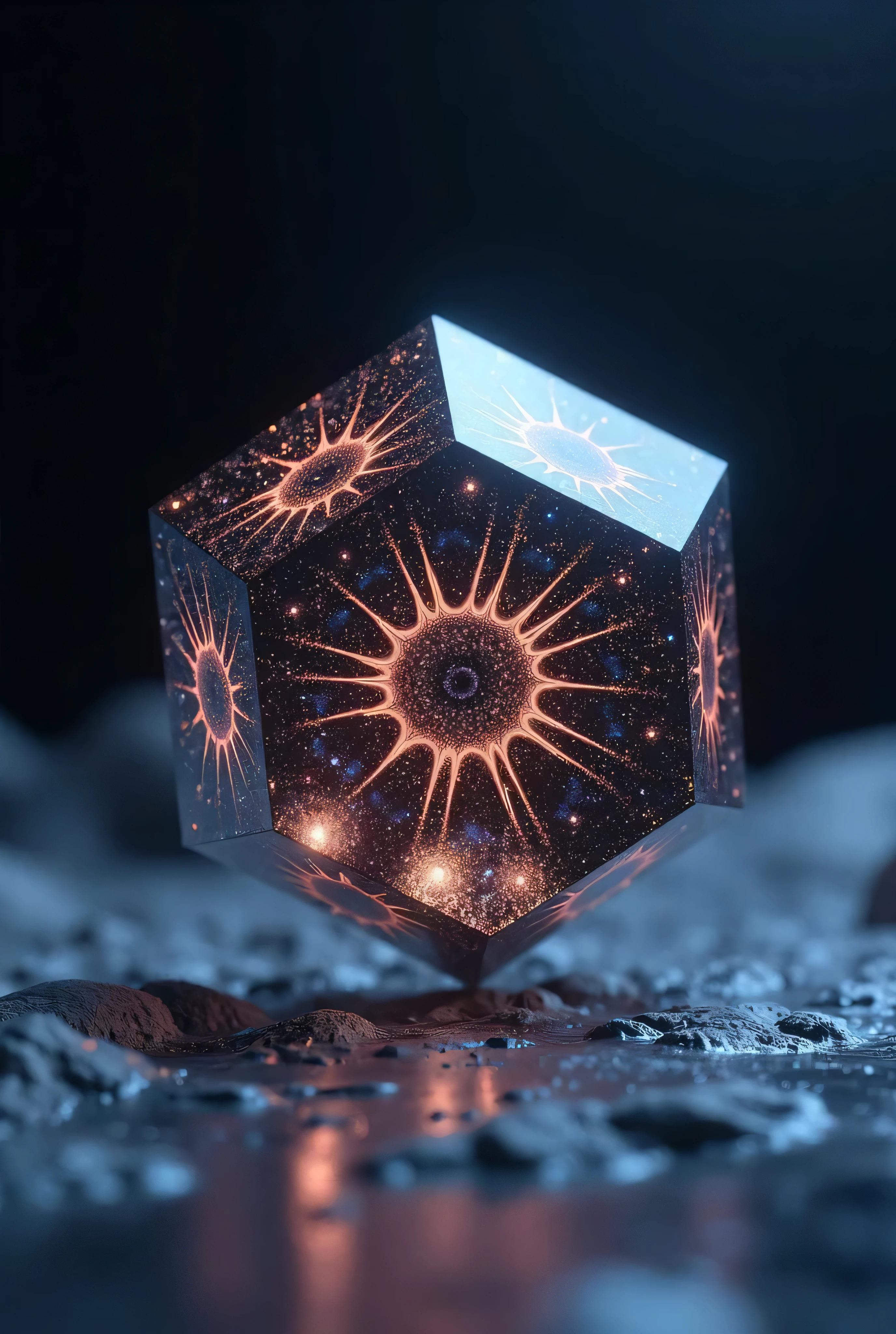 (unique object , mysterious, Dangerous and Beautiful)
Ultra-detailed foreground of an alien artifact discovered in the depths of an icy moon orbiting a black hole. a floating nucleus in the shape of an imperfect icosahedron, hecho de cristal oscuro y liquid metal en movimiento constante. Each face of the object shows vivid fractal patterns that change with light, revealing miniature galaxies, eyes that blink slowly and impossible geometries that seem to observe you back. Emitting an almost imperceptible pulsation of subspace sound, the artifact is suspended in a reverse gravitational field that distorts the space around it like a melted mirror. On its surface there are codes written in a biomechanical language that mutates as you observe it. Although it seems beautiful and pure, Its temperature is absolute zero and its energy has interfered with all nearby technology. Some say that the artifact is a containment capsule... others believe that it is a seed of higher consciousness waiting to be activated. No one has survived direct contact, but everyone feels an irresistible attraction to it.
style: hyperrealistic, advanced sci-fi, organic alien texture-mech, as if it were a mixture of jewel and living lunar machine.
Materials: Dark crystal, liquid metal , floating energy, subtle neon.
lighting: Faint inner brightness, dynamic reflections, shadow that moves as if breathing.
bottom: blurred, or space vacuum with optical distortions.
sensation: hypnotic beauty + obvious danger + pure mystery.
