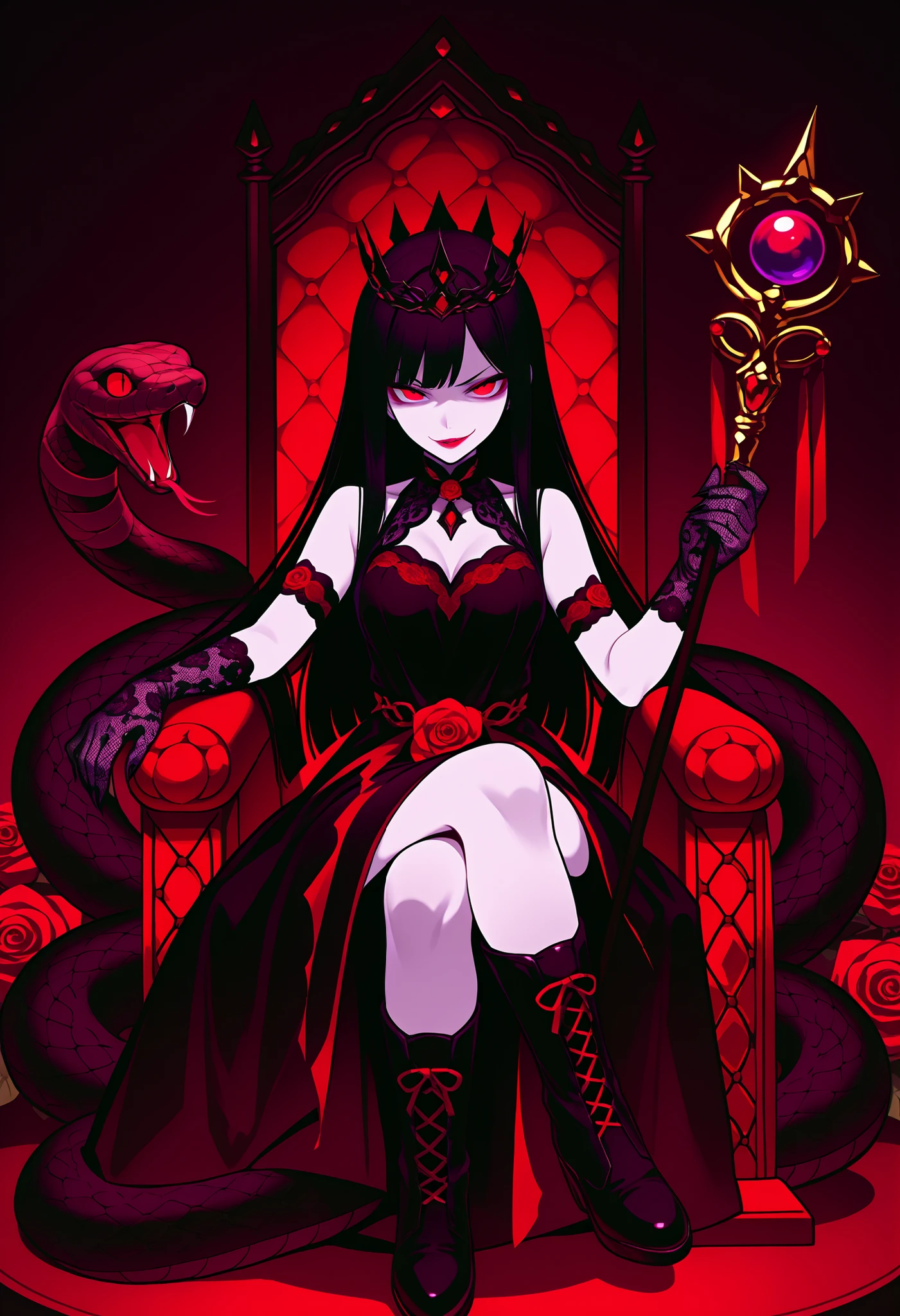 Snake Queen. Black hair. Straight hair. Pale skin. Condescending look. Smirk. Red eyes. Lace gloves. Sharp claws. Lipstick lips. Crown. Red and black dress. Thorn decoration. Jeweled staff. Black boots. Sitting. Rose throne. Multiple snake heads. Coiled snakes. Reality snake.