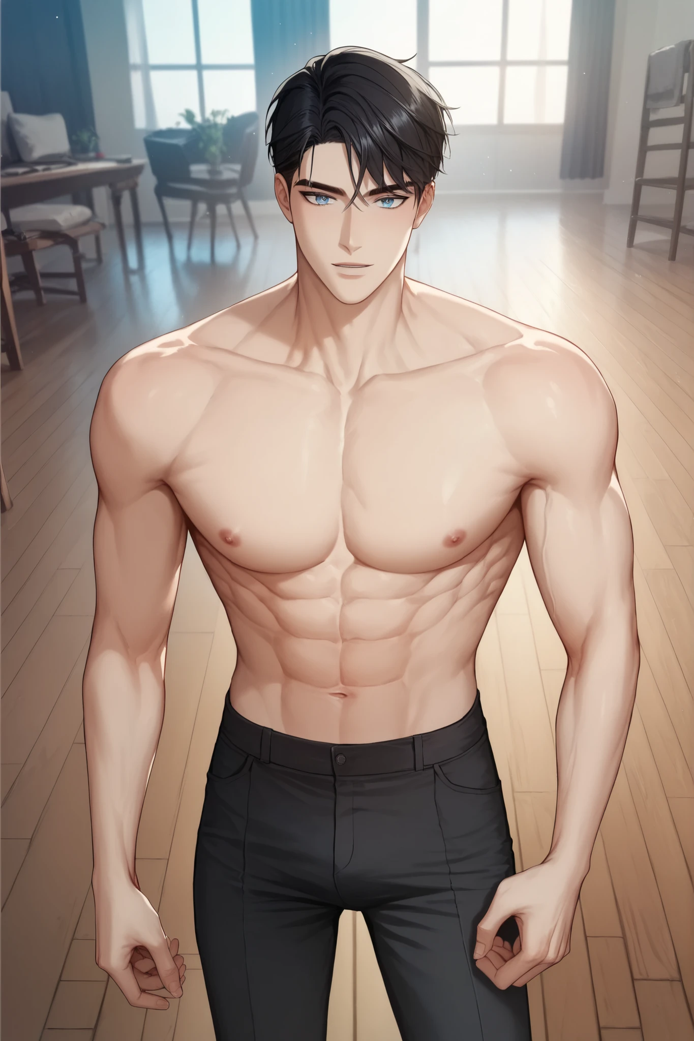 1 sexy blue eyes black hair male, sexy adult male, cut muscle build, slim waist, only has pants on, semi-giant, Wooden floor, modern room