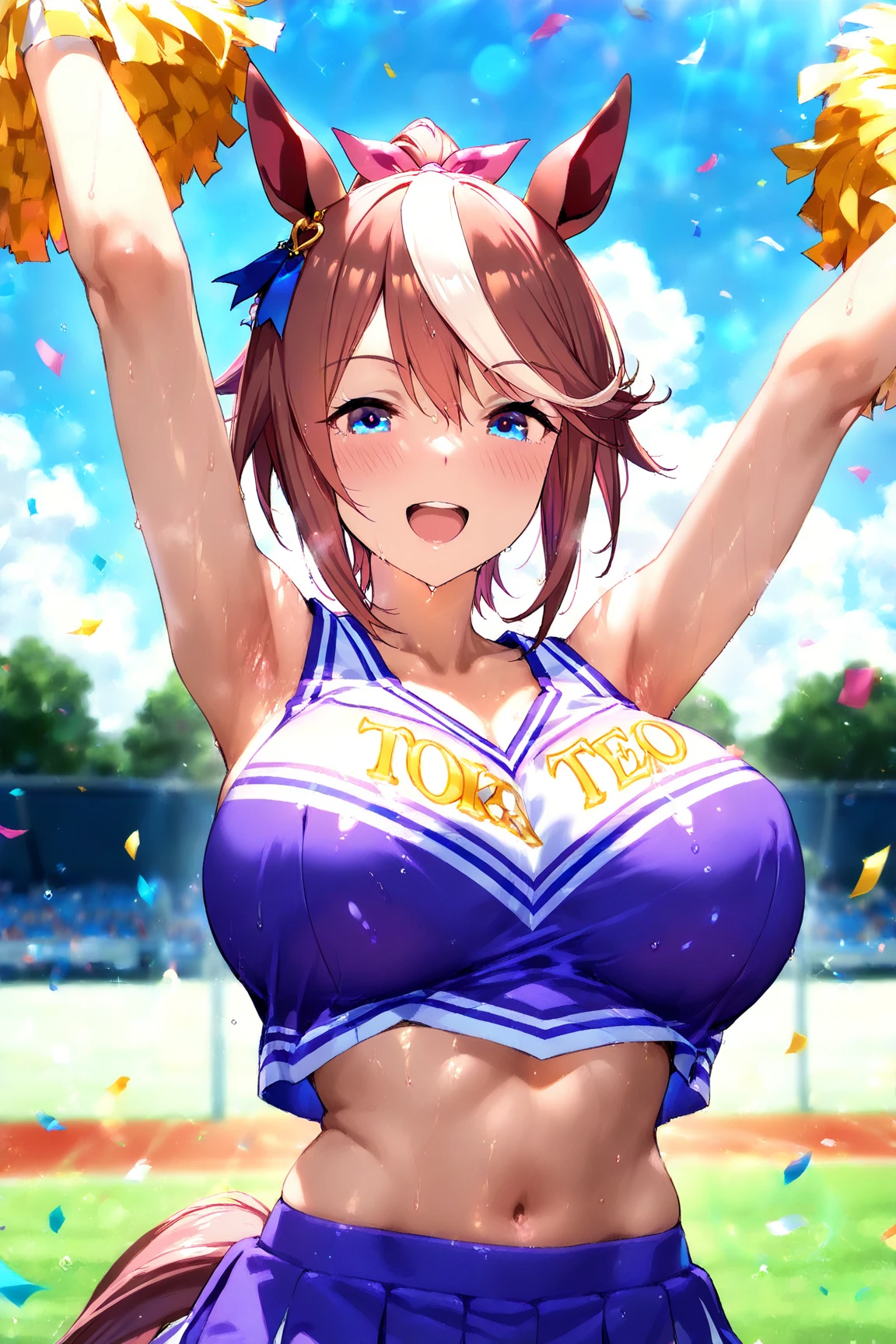 (1 person),(Best image quality, 8k, masterpiece:1.3), Anatomically correct, ((Brown hair bob cut:1.1)),(Swept-apart bangs,), (Cute eyes, Dark Eyes), (Mole under right eye), (thin), (Large Breasts),(Glowing Skin:1.1),(Pale skin:1.2),(Fantasy atmosphere),(look up),Ultra-high resolution, Textured skin, Sparkle Effect, Focus on the audience,Fantasy,Bright Eyes,
Black lace panties,Cheerleader,Braid, Ribbon on head, Wet body,Sweat,
Blue cheer uniform,mini skirt,pom-pom,Confetti,Outdoor,Stadium,audience,Underarm、Raise your hand,belly button,Cleavage,
Accentuate your butt,Panty shot,Stick your butt out,Show me your back,Show me your ass,Close up on ass,
smile,