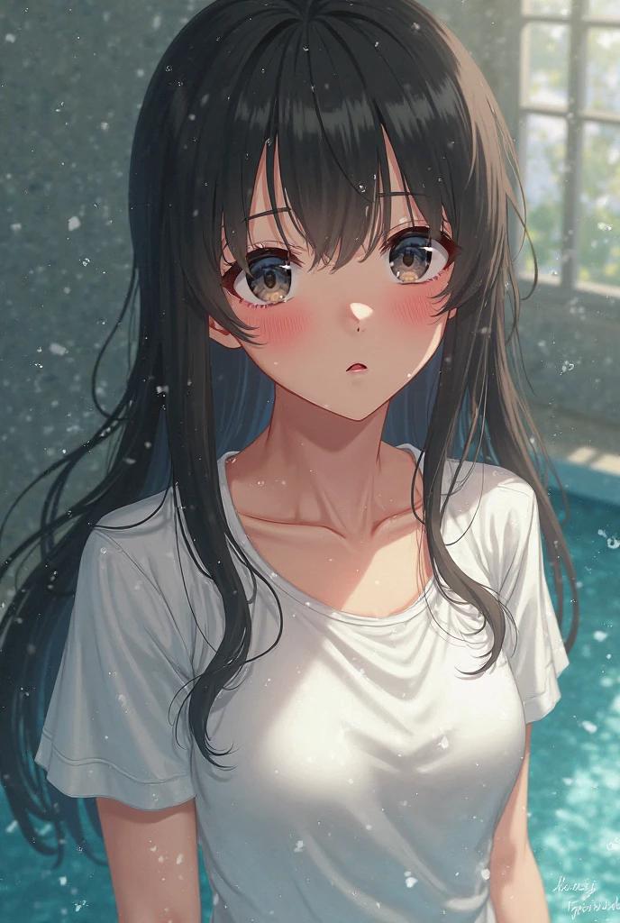 8K, Highest quality, masterpiece, Ultra-detailed、Brown Hair、Medium Hair、full lips、Brown eyes、18Year-old beauty、Portrait、Rooftop、Staring、T-Shirts、