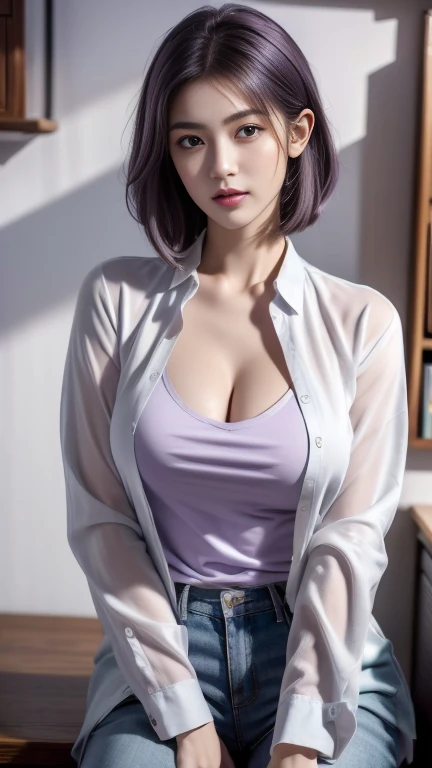 1girl,huge breast, purple hair, high quality, ultra detailed, masterpiece, realistic