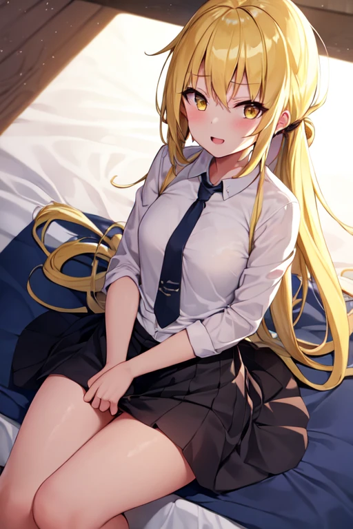 A cute Japanese girl shirt Blonde Lively impressions Dance Club uniform Wrap a cardigan around your waist hairpin Long Hair On the bed Hold your knees White underwear Showing off underwear Embarrassed super high quality