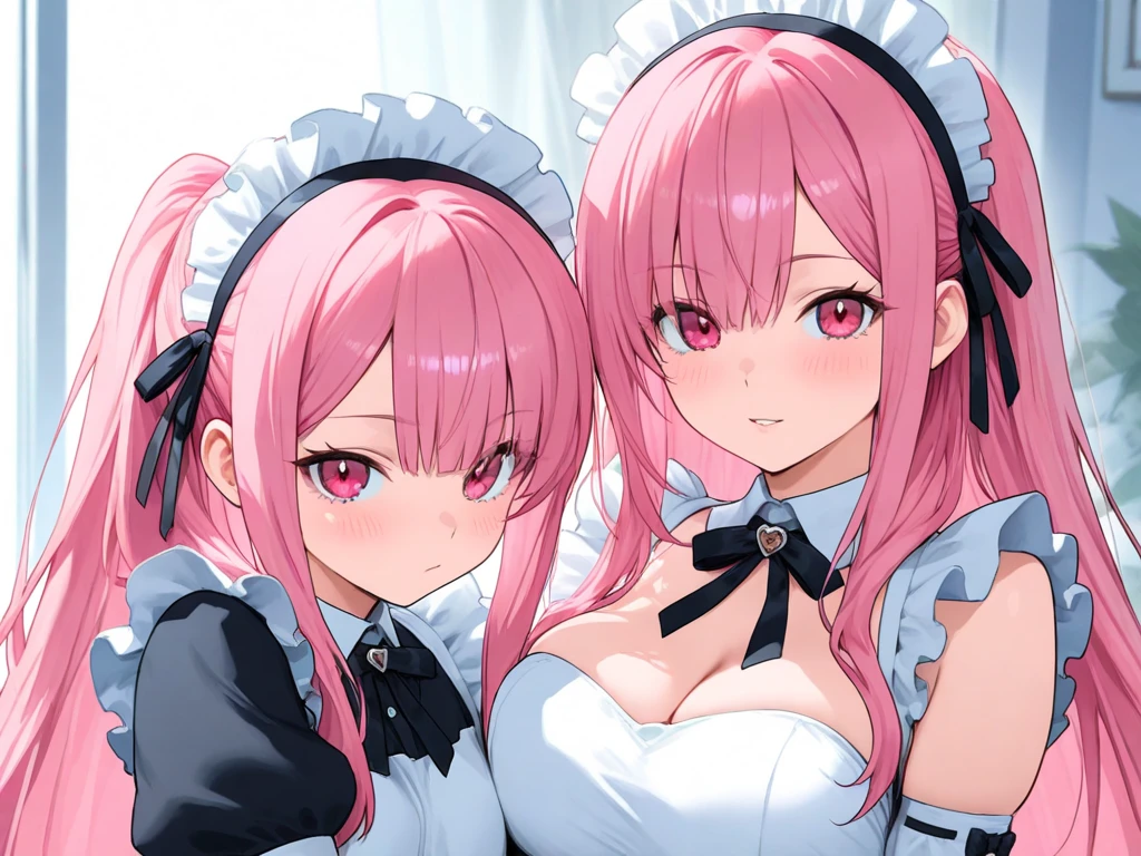 2 girls, coopfellatio, fellatio, licking, fellatio, penis, thick penis, 1 boy, cum, looking at viewer, maid, frill-headband, long hair, cute hair, heart-eyes, (embarrassed:1.2), open mouth, (cum on facial:1.3), detailed face, best quarity, happy, cum on hair, pojecile cum, bukkake, off-shoulder, on bed, large breast, peace sign,
