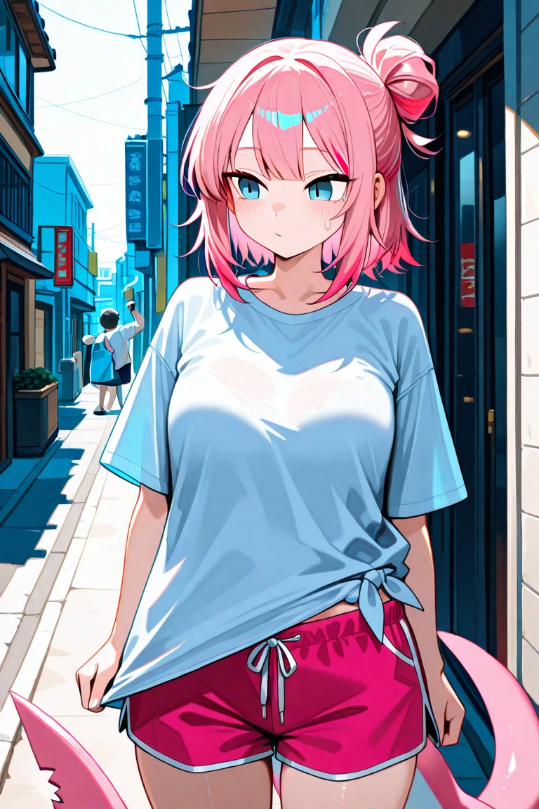 pink hair, short, white skin , black tshirt with strips,