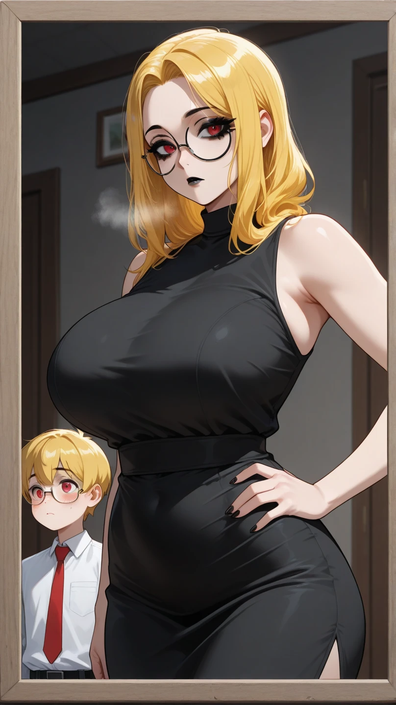 two sexy women looking down at 4 years old boy with blonde hair and shorts, flirtatious smiles, women have auburn hair, boy has sunglasses