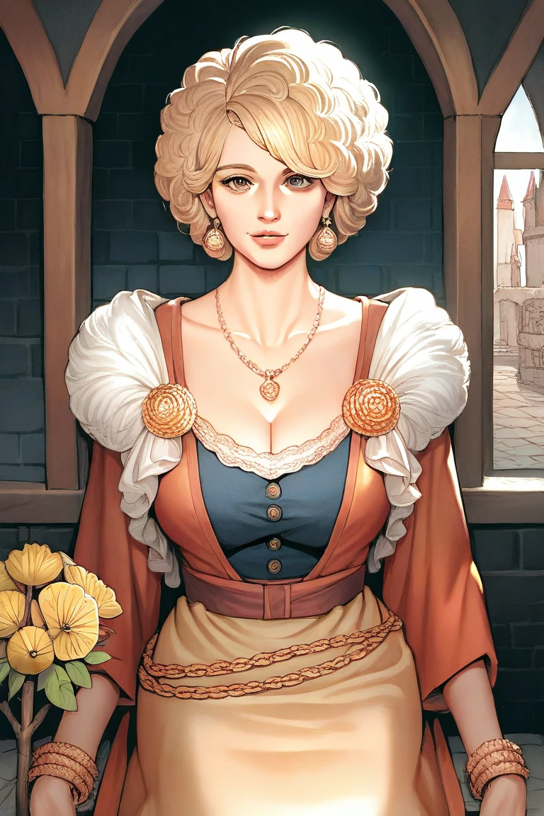 a beautiful anime full-body glamour portrait of a Vampire with a wide open smile and parted lips, goddess, Busty (deep cleavage), flirtatious smile, large fangs showing, gazing at the viewer, fantasy robe, short curly hair, yellow hair, anatomically correct, mid-twenties vampire priestess, short hair and olive skin, modeling in a bedroom, revealing clothes, WLOP. studio lighting, detailed skin, ultra, realistic, sharp features, highly detailed. Sharp focus, natural skin, natural skin texture, subsurface scattering, muted colors, skin pores, perfect face, perfect eyes, perfect full lips, supple female form, vivid, cinematic, Film light, Hyper detailed, Hyper-realistic, masterpiece, atmospheric, High resolution, Vibrant, High contrast, dark angle, 8k, HDR, 500px,
