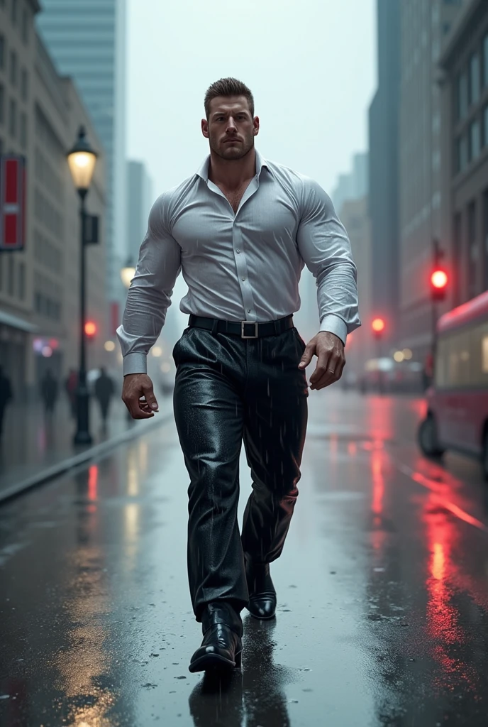 Muscular mature male,Has eyes like emeralds,Brown inches flutter in the wind,The beard is extremely short,Long grey trench coat,Stand collar opens,There is no other clothing in the trench coat that exposes the pectorals and abs,The clothes were blown high by the wind,The lower half of the body wears tight cargo pants,Walk barefoot in the red river,Huge crotch bulge,Raise your jaw,He looked at the sky in the upper left corner,Facial suspicion,Red forest and red sky,The picture is full of eerie red light,fundo vermelho,high-definition picture quality,high detal,depth of fields,Background full of details,Textured skin,tmasterpiece,(Misha Klins),Huge white wings grow on the back,full bodyesbian,in a panoramic view
