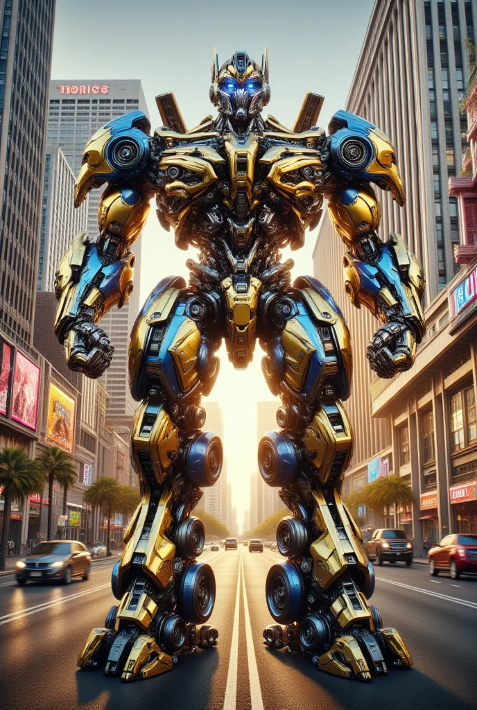 A detailed ultra-high-res detailed full body image of a giant robot gundam built with golden and metallic blue pieces (mechanical moving parts, vehicle pieces in its exoeskeleton like wheels and windshields as a Transformer). Fully enclosed strong shoulder guards, mechanical matching arms and leg guards, full body, full mechanical armor, the design balances heavy with agility, the color scheme of the robot is exclusively golden and metallic blue, dynamic pose, ready to fight, on guard to fight, posing in the middle of the Strip in Las Vegas, (best quality) , (masterpiece) , (detailed) , RAW Photography. HD photo, ultra-realistic photo, proffesional photographer camara, 8k, 16k, high quality photo, intense warm Color tones. mechanical, mech, biomechanical, cybernetic, robot, bionic, realistic, science fiction, sci-fi movie shot