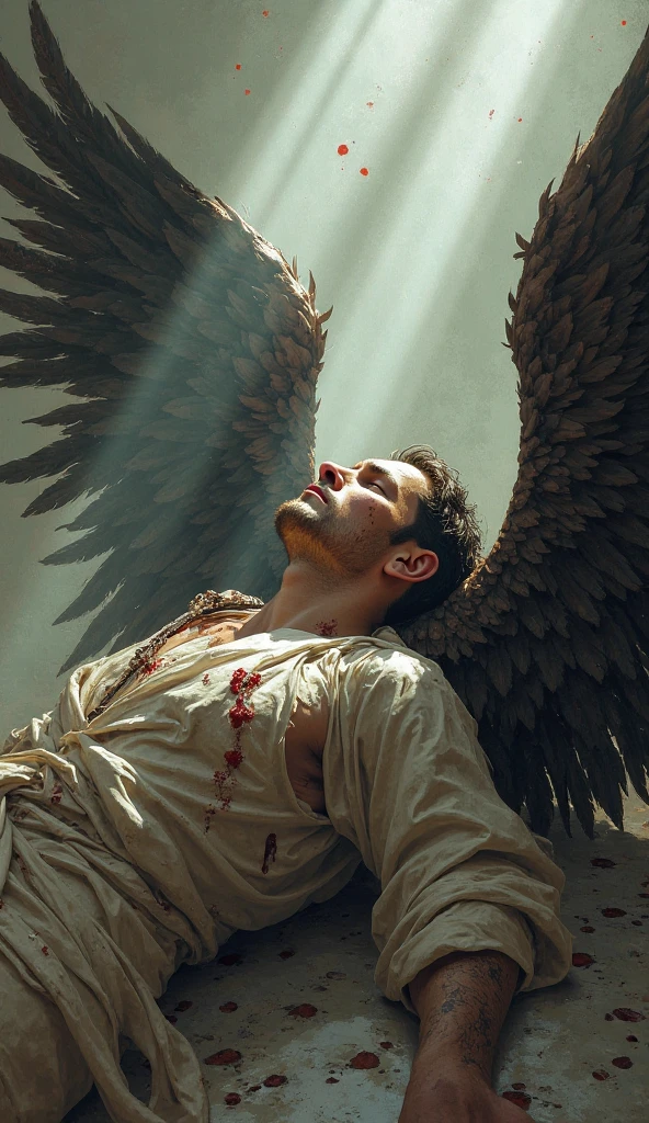 Angry young beautiful man with wings, one wing is broken, wings with a lot of deatils, storm, thunder, face full of anger grief, batrayal, power, glory, chaos, pain, sadness, sorrow, hopeless, more pain, anger, anger, anger, anger, blood, man in , blood, white in blood, wings in blood, man beautiful young, anger, blood, blood, white wings in blood, anger, sadness, blood, blood, blood