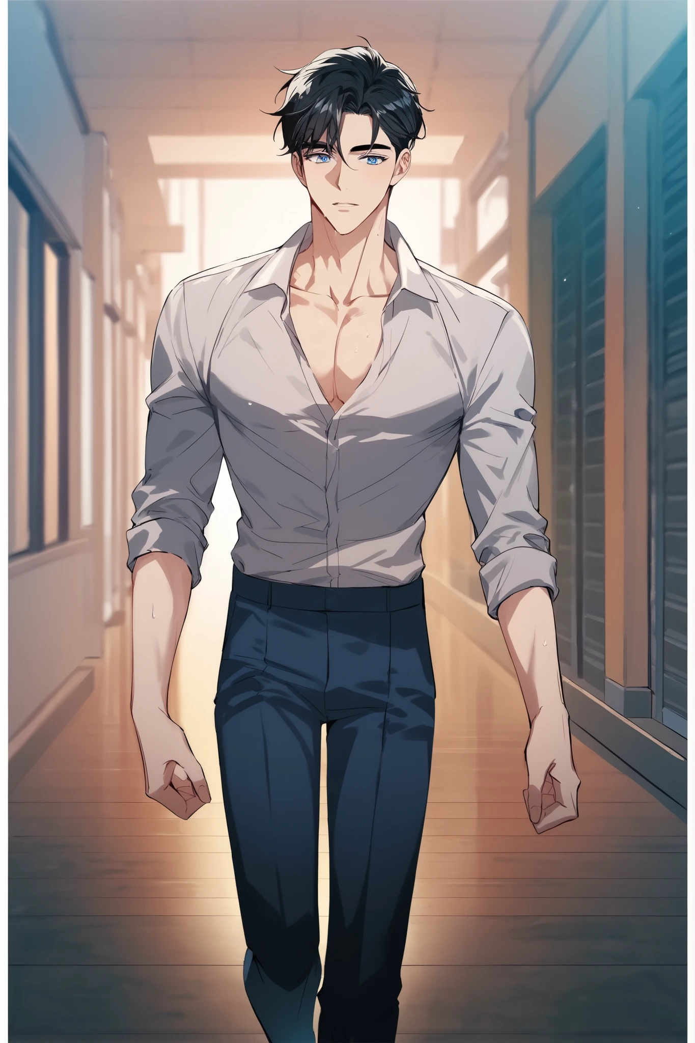 1 sexy blue eyes black hair male, sexy adult male, cut muscle build, slim waist, semi-giant, Wooden floor, modern room. Only just got out of the shower and is in the hallway