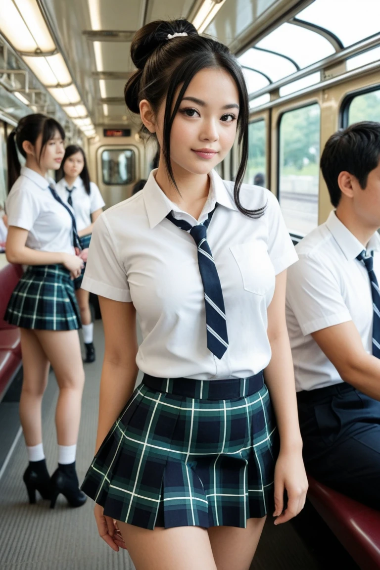 Knee up, masutepiece, Best Quality, Bus Stop 3 Girls,(5 people standing:1.2),Standing,Teenage, Looking at Viewer,l Group shot, harems,nffsw,Retro white underwear, (pantiy),Realistic,School uniform,(Gray blazer and white shirt) ,(Grey pleated skirt),Blue Ribbon ,(Looking back, ass grab:0.9),(Beautiful eyes:1.3),frombelow,From below,Kinney,(skinny:1.2) ,thick thighs, Long body, novel illustration,(Smelly eyes:0.5),closed curtains,(shirts lift,lifted by self:1.5) ,Dark Persona.Skirt lift front,(Panties:1.3)、Highkick、Braids